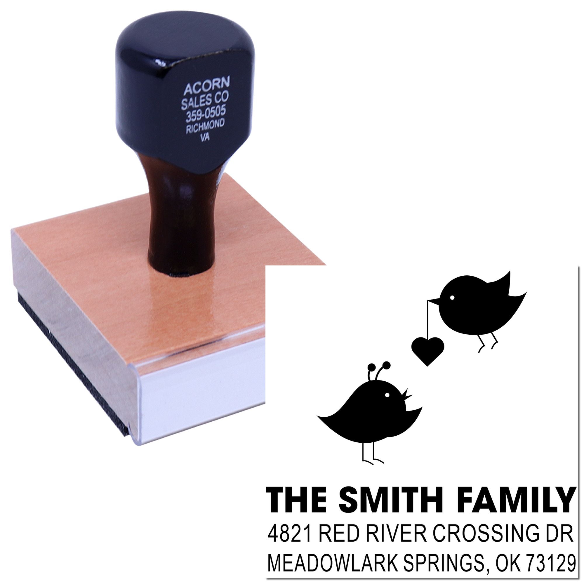 Custom self-inking rubber address stamp with bird design, family name, and return address for personalized mailing, envelopes, invitations, and crafts.