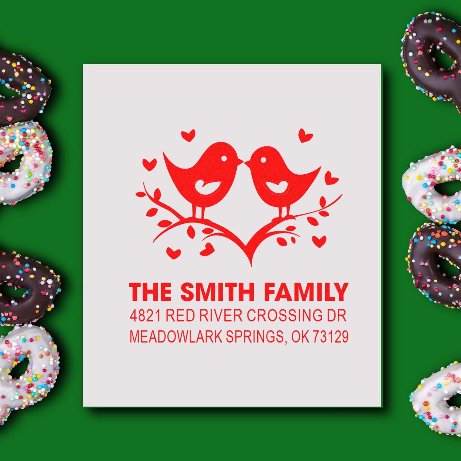 Custom self-inking rubber stamp with two red love birds, heart accents, and return address for The Smith Family in Meadowlark Springs, OK 73129