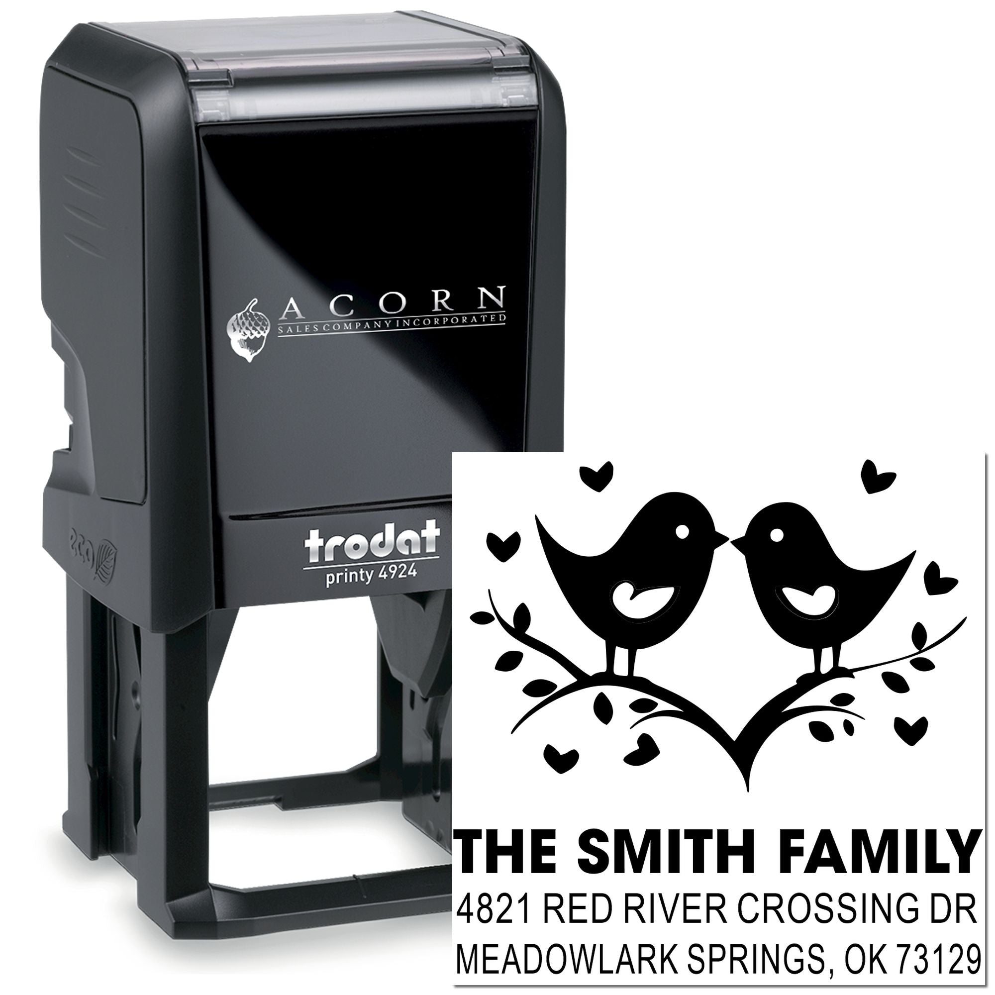 Custom Trodat self-inking rubber address stamp with bird and heart design, personalized for The Smith Family home mailing address for envelopes and cards.