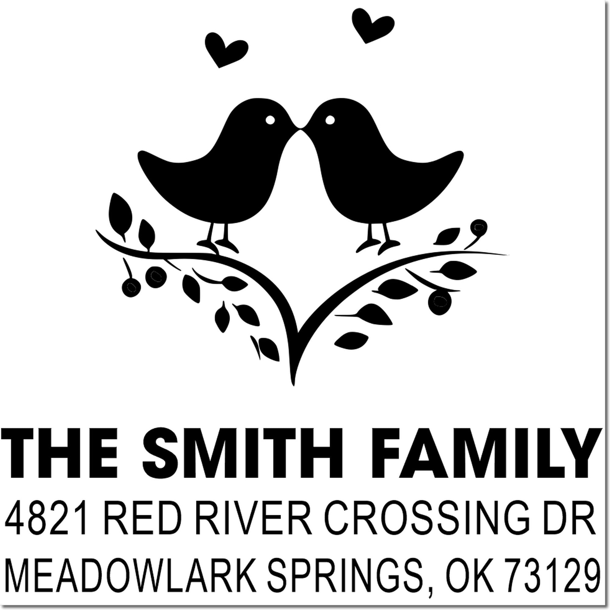 Custom rubber return address stamp with two birds, heart tree design, The Smith Family, 4821 Red River Crossing Dr, Meadowlark Springs, OK 73129