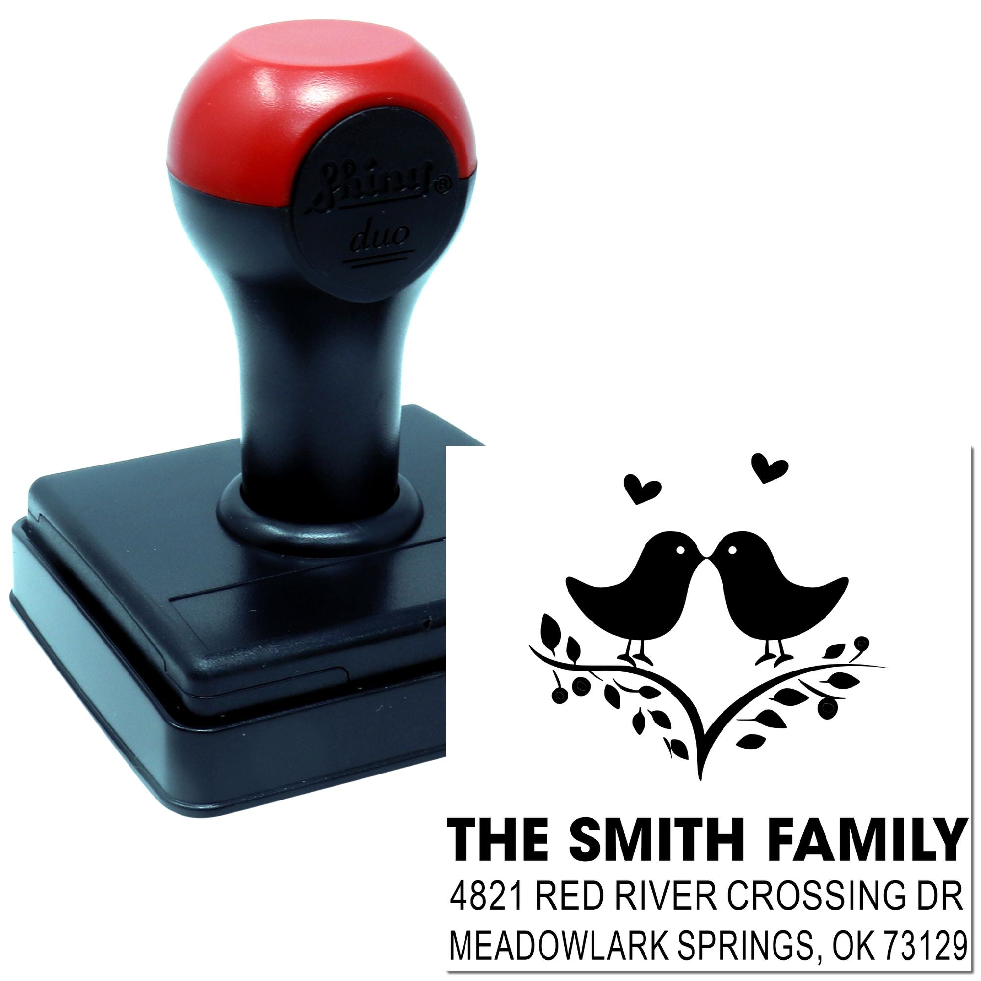Custom self-inking address stamp with love birds design, personalized family return address rubber stamp for wedding or home mailing.