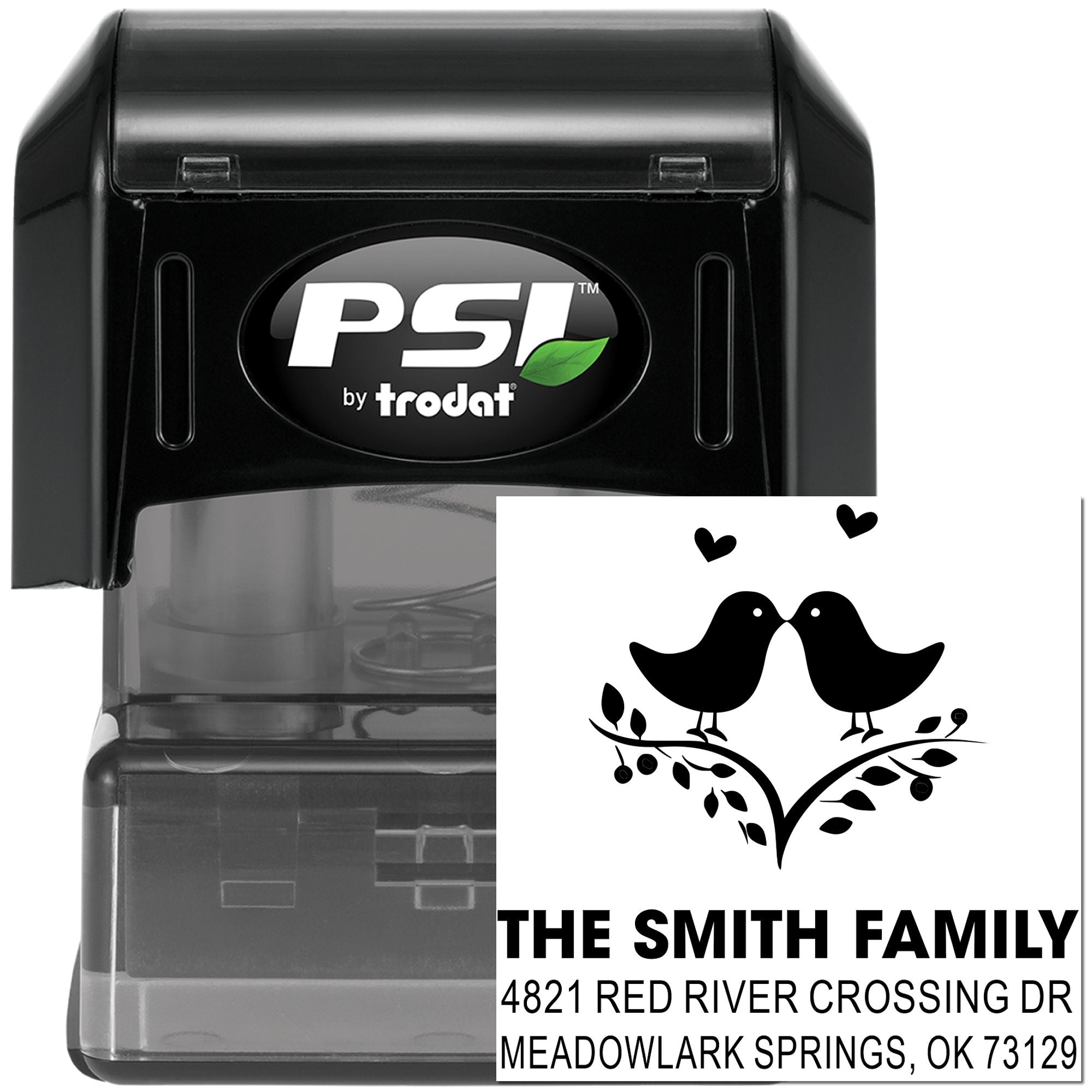 PSI by Trodat self-inking custom address rubber stamp with bird design, family name and mailing address for personalized envelopes and crafts