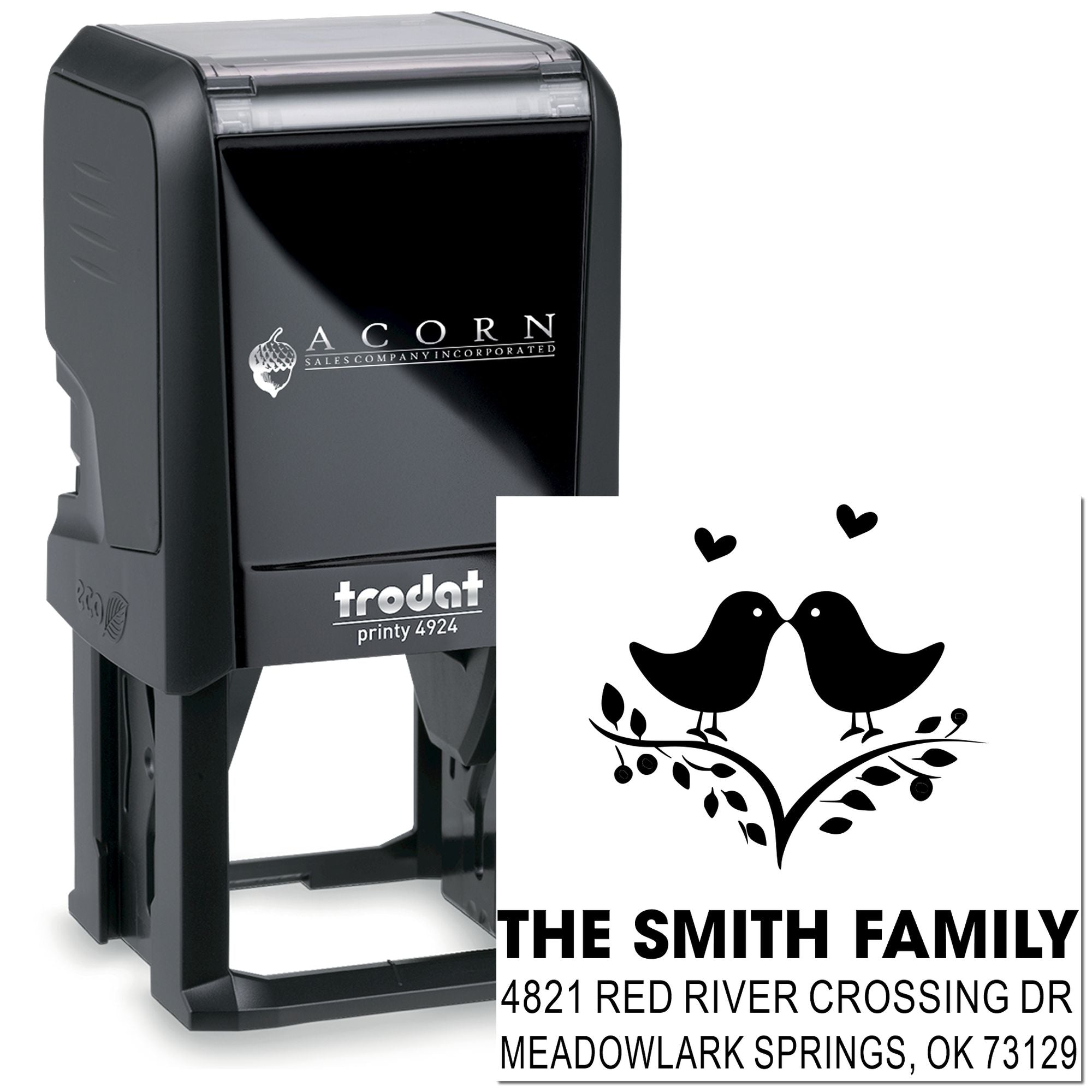 Custom self-inking rubber stamp with bird and heart design, personalized family name and return address, Trodat Printy 4924 black stamp
