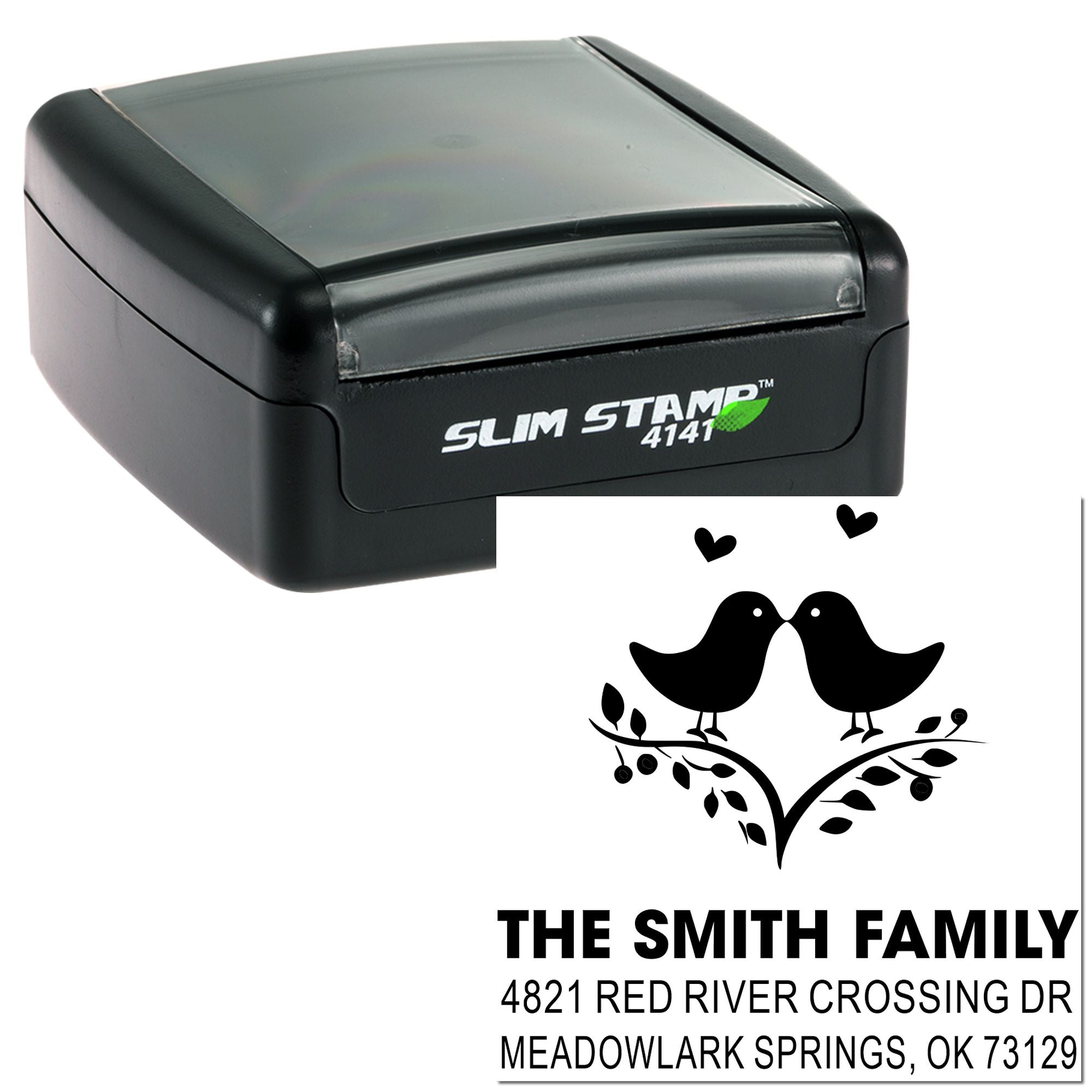 Custom self-inking rubber stamp with Slim Stamp 4141 case and personalized family return address design featuring birds and hearts