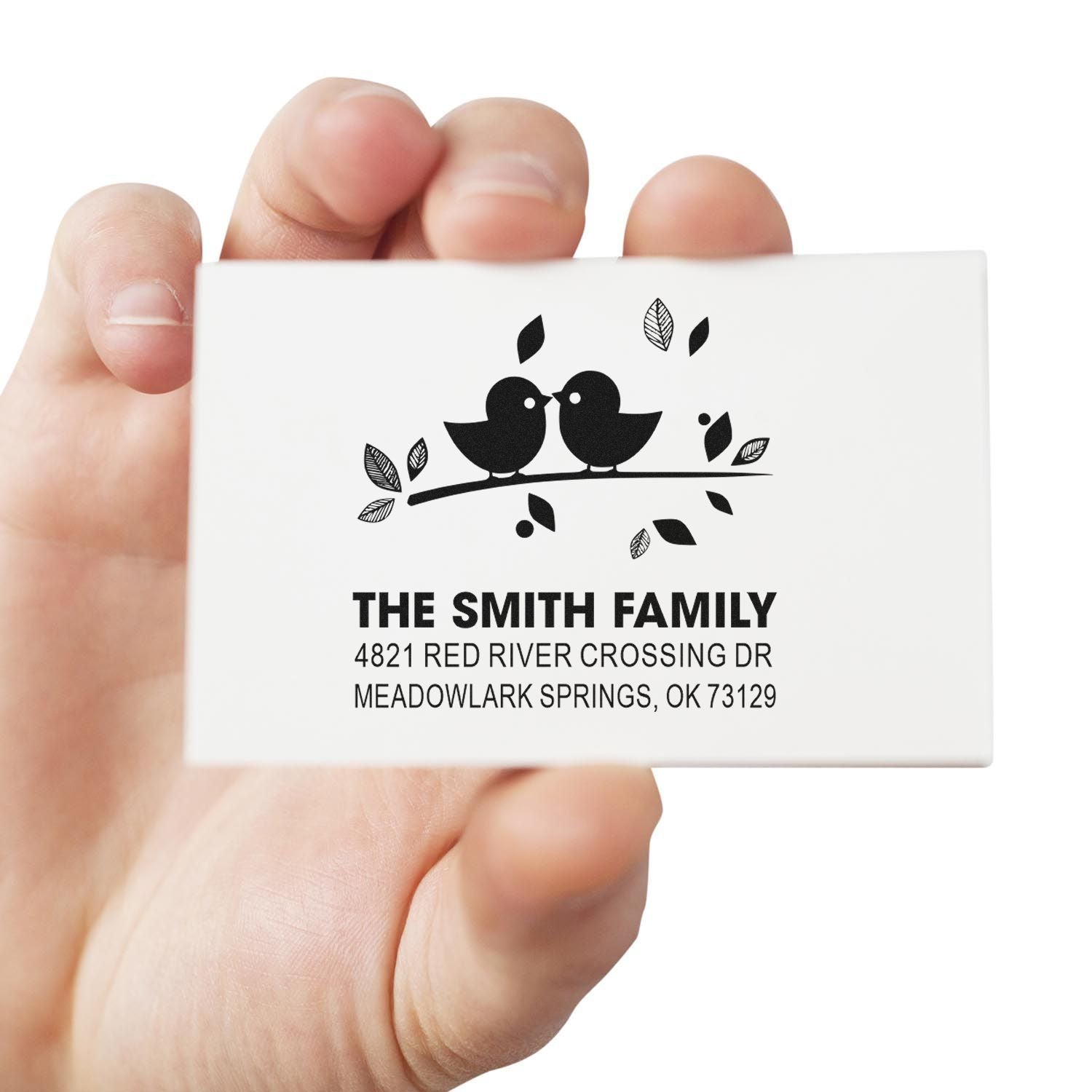 Custom family address rubber stamp with two birds on a branch and leaves, personalized return mailing stamp for The Smith Family, Meadowlark Springs OK.