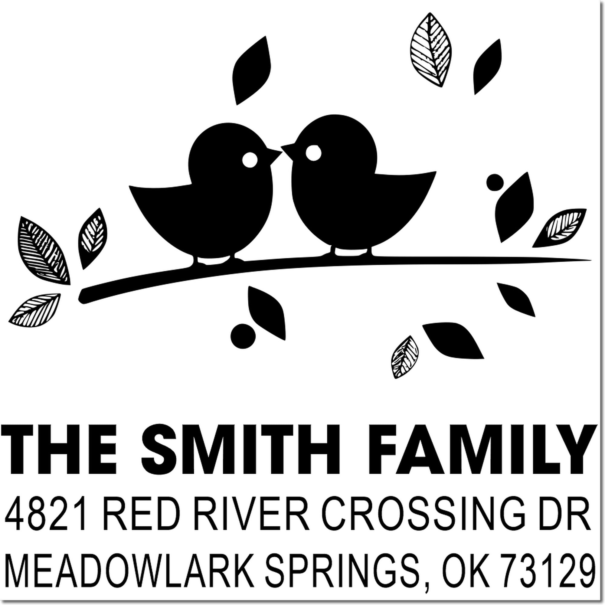 Custom bird family address rubber stamp with two birds, leaves, and return address text for The Smith Family, Meadowlark Springs, OK 73129.