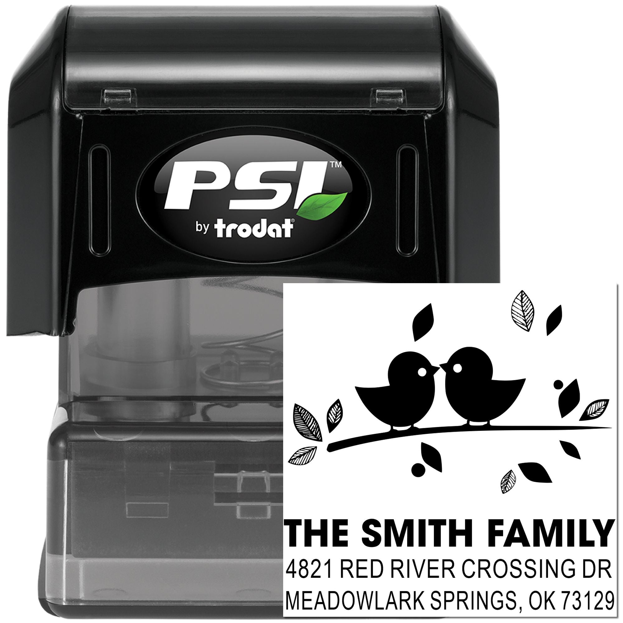 PSI by Trodat self-inking rubber address stamp with bird design, custom family name and return address, ideal for envelopes and mailing labels