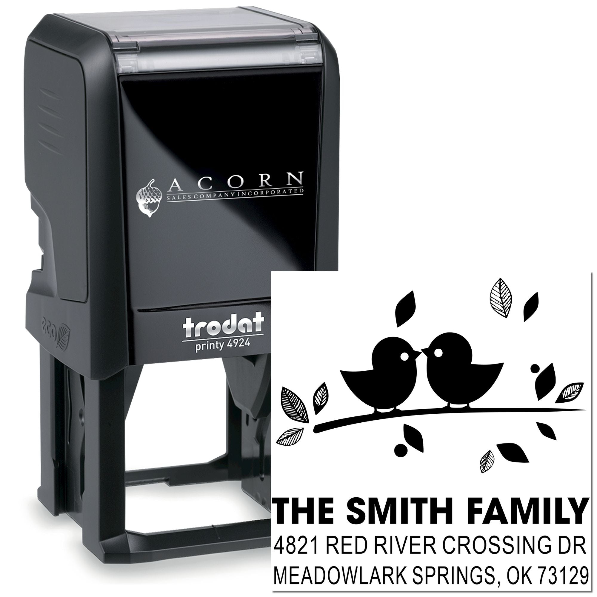 Custom self-inking Trodat Printy 4924 rubber address stamp with bird design, personalized Smith family return address and housewarming mail stamp