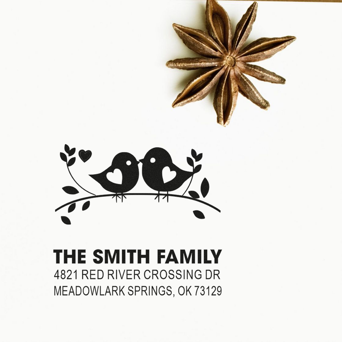 Custom rubber address stamp with two birds and heart design, personalized for The Smith Family with return address for wedding, home, or business mail.