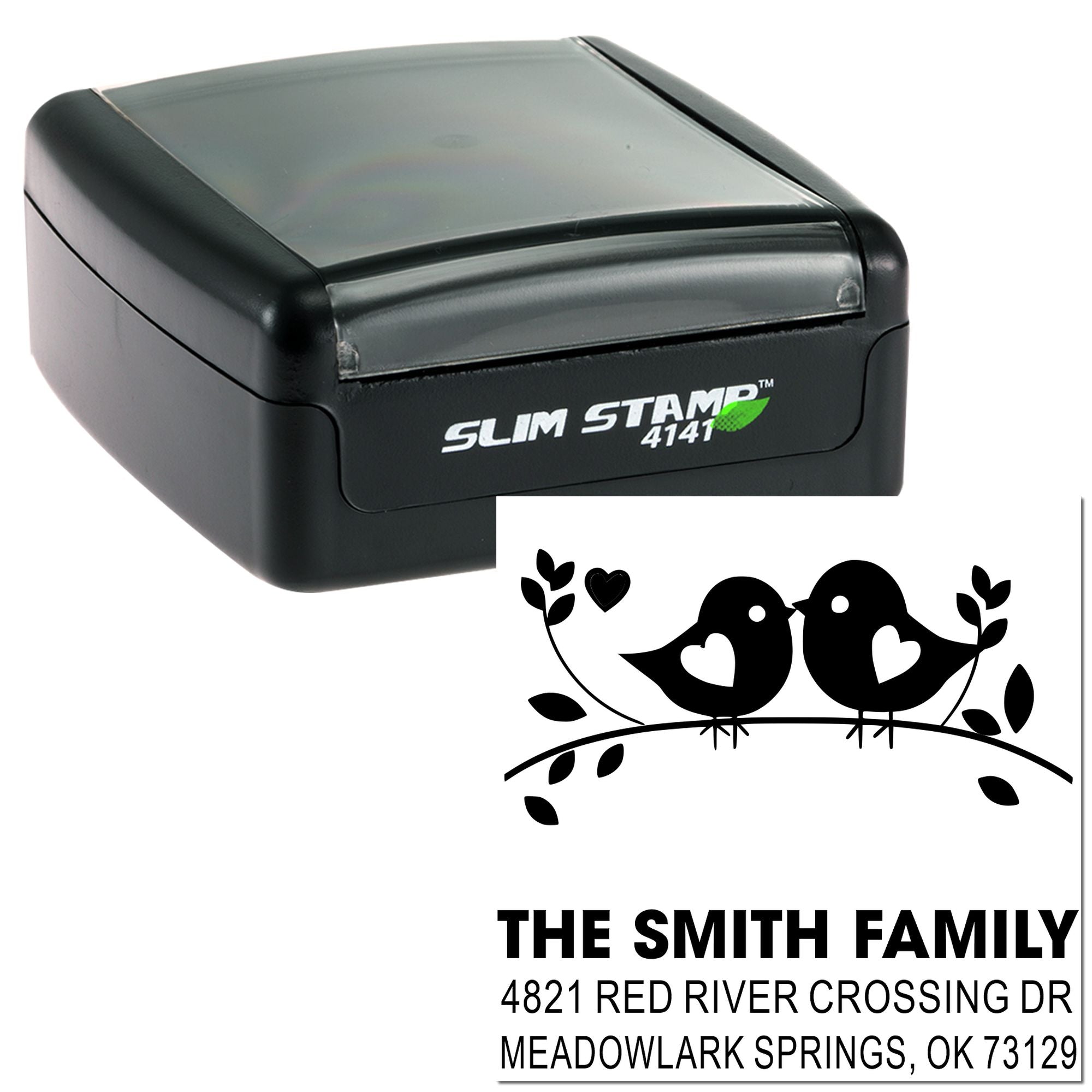 Custom self-inking rubber address stamp with birds and heart design, featuring The Smith Family return address and Slim Stamp 4141 case.