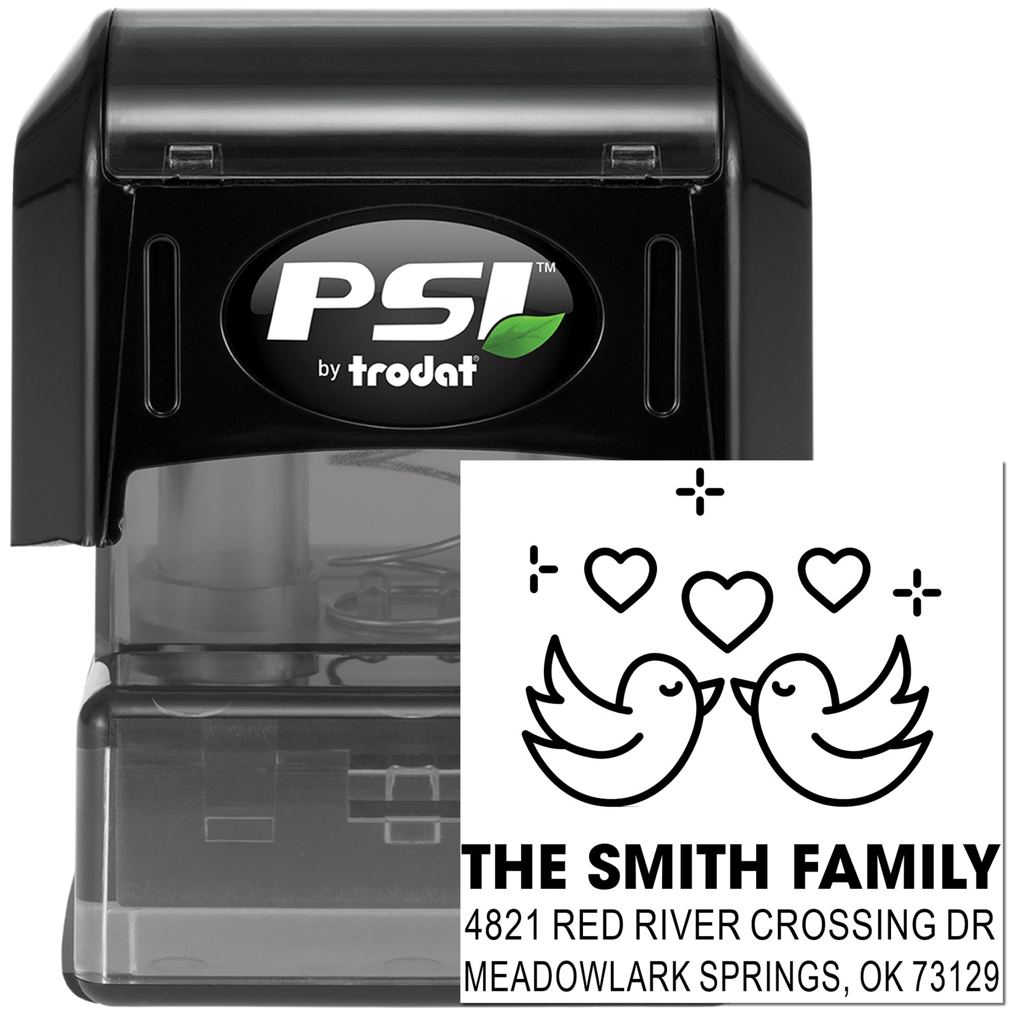 PSI by Trodat custom address rubber stamp with birds and hearts, personalized family name and return address for envelopes and cards