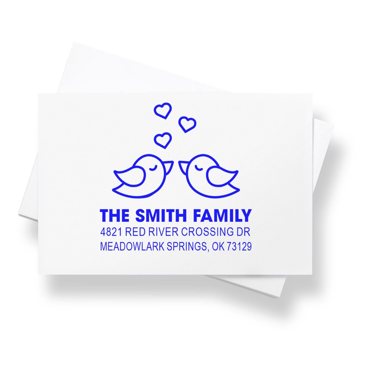 Custom rubber address stamp with two birds and hearts, personalized Smith Family name and return address in blue for wedding or home mail use