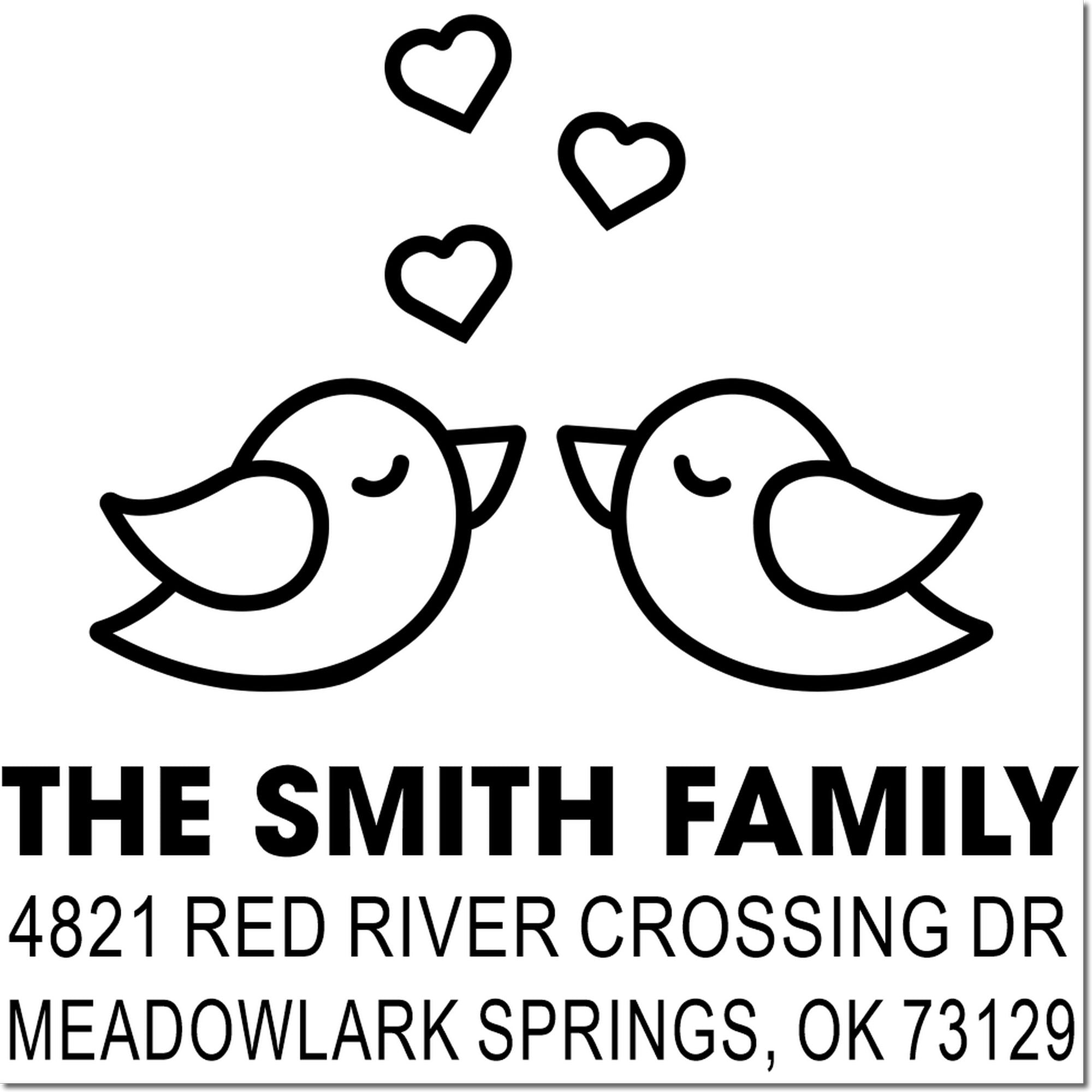 Personalized rubber return address stamp with two birds, heart accents, and The Smith Family name, street address, and Meadowlark Springs, OK 73129