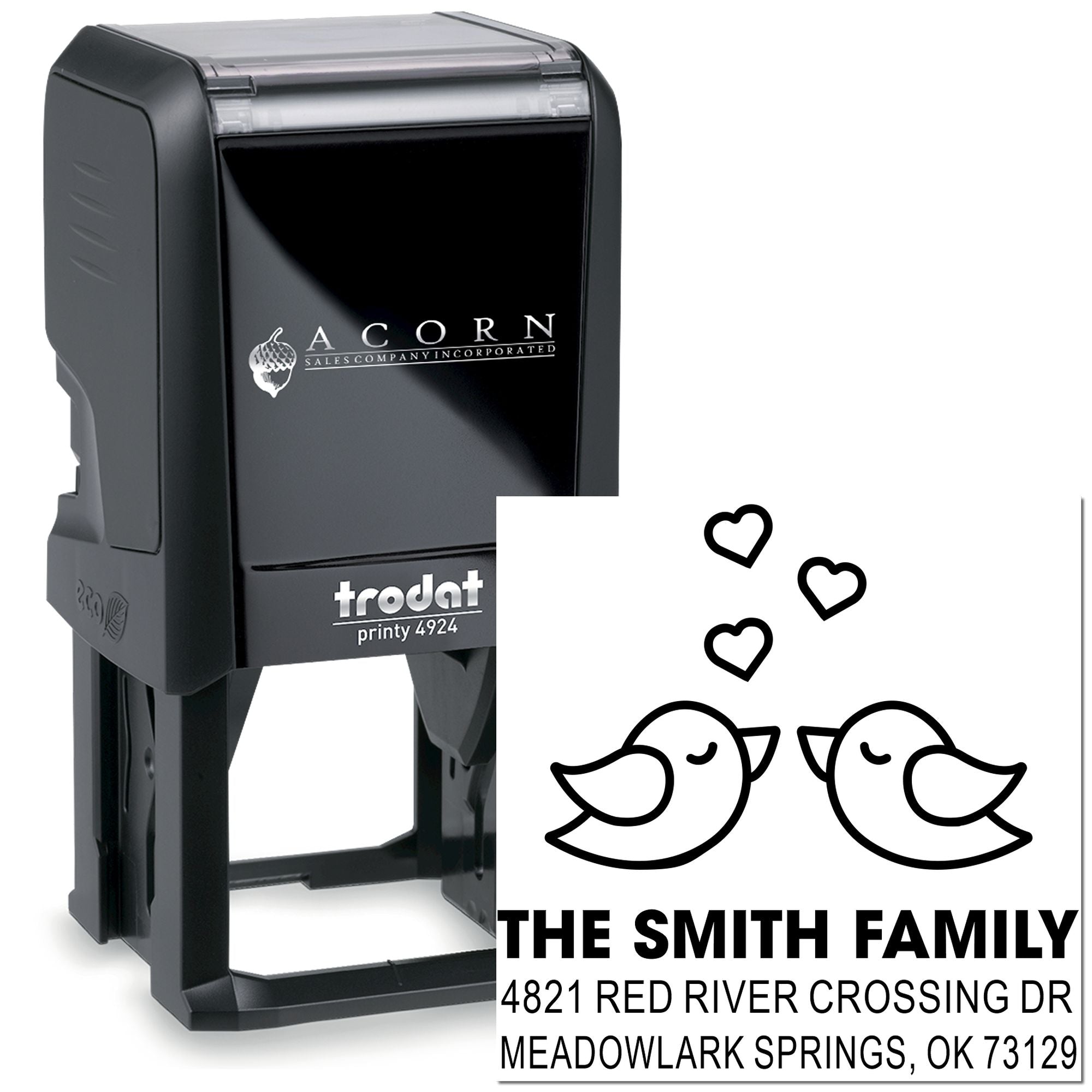 Custom self-inking rubber address stamp with birds and hearts design, personalized family name and mailing address, Trodat Printy 4924 home stamp