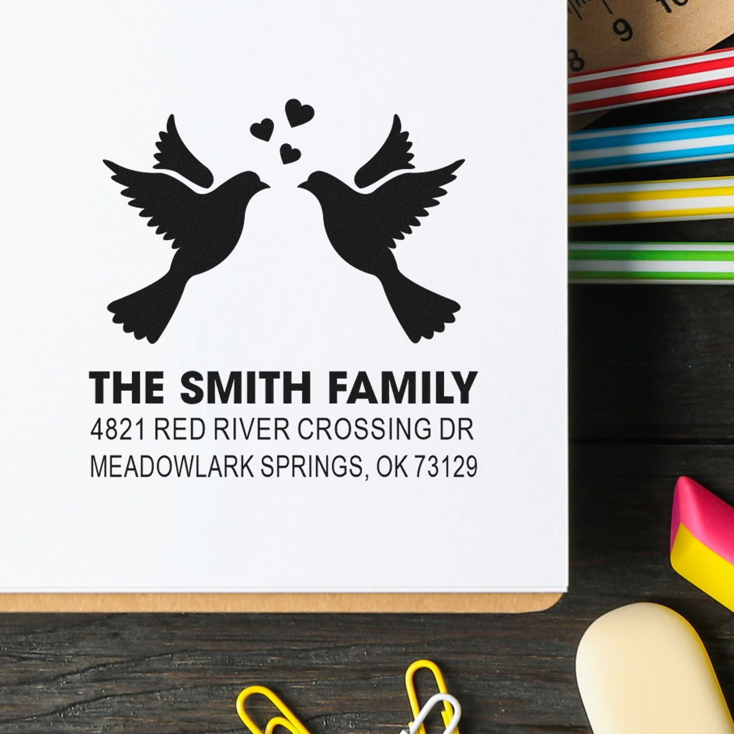 Personalized rubber return address stamp with two doves and hearts, The Smith Family, Meadowlark Springs, OK 73129 for wedding invitations and cards