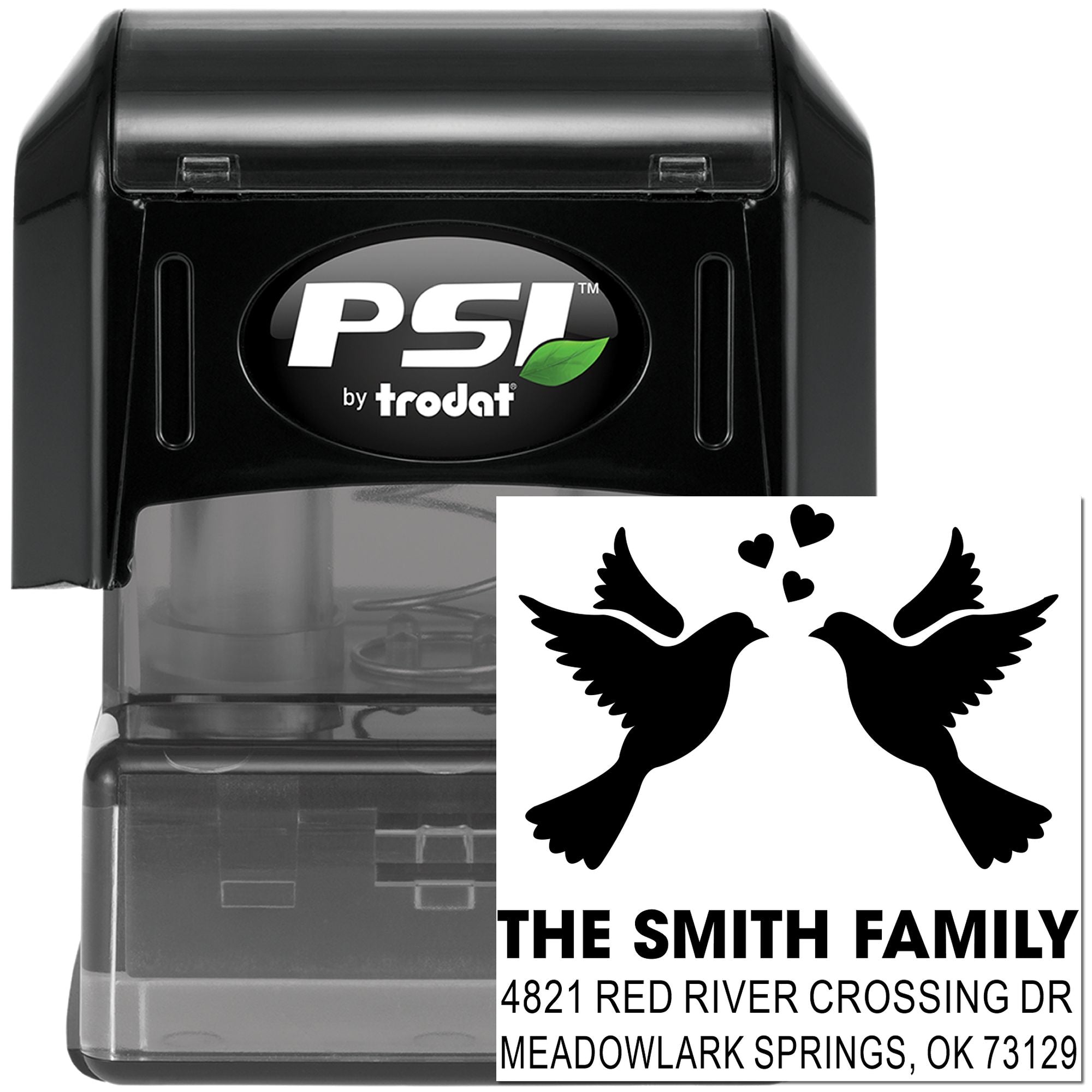 Custom self-inking rubber stamp by PSI Trodat with dove and hearts design, personalized family address stamp for wedding invitations and home mailing