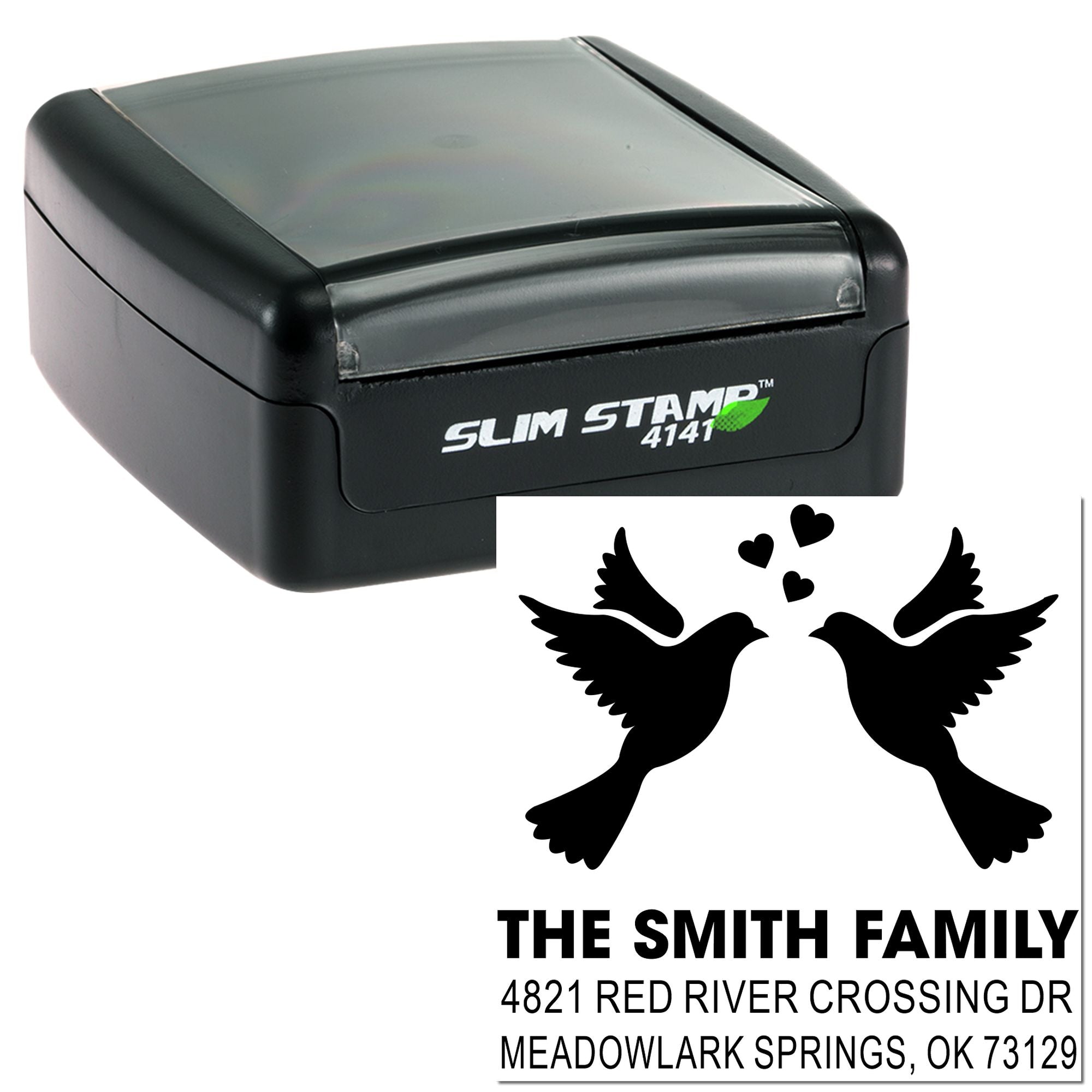 Slim Stamp 4141 self-inking rubber stamp with custom wedding return address design featuring doves, hearts, and the Smith family name and address