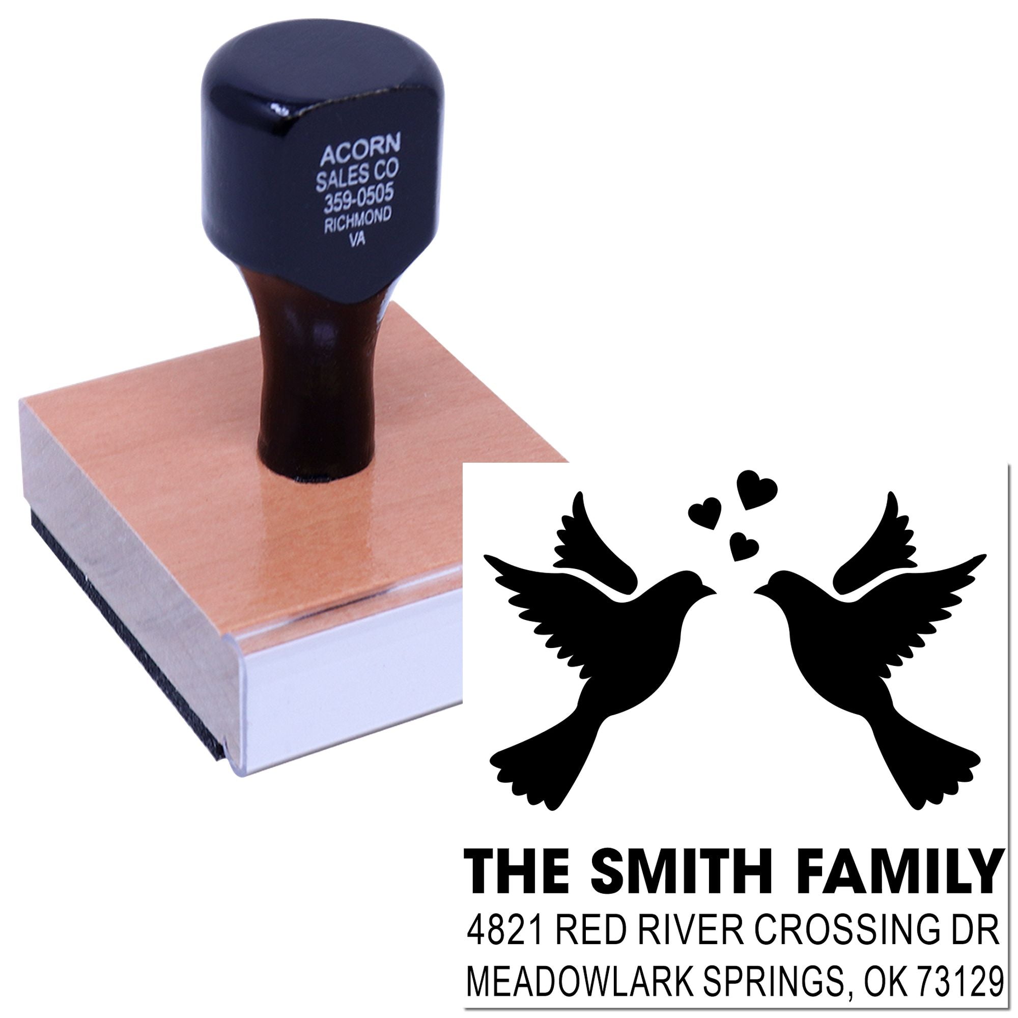 Custom address rubber stamp with lovebird and heart design, personalized family name and address for wedding invitations, cards, and stationery.