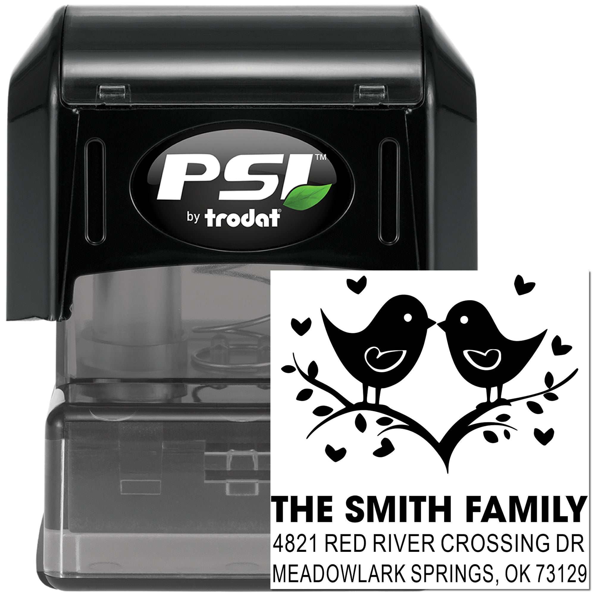 Custom self-inking rubber stamp by PSI Trodat with bird and heart design, personalized family return address for envelopes and wedding mail.