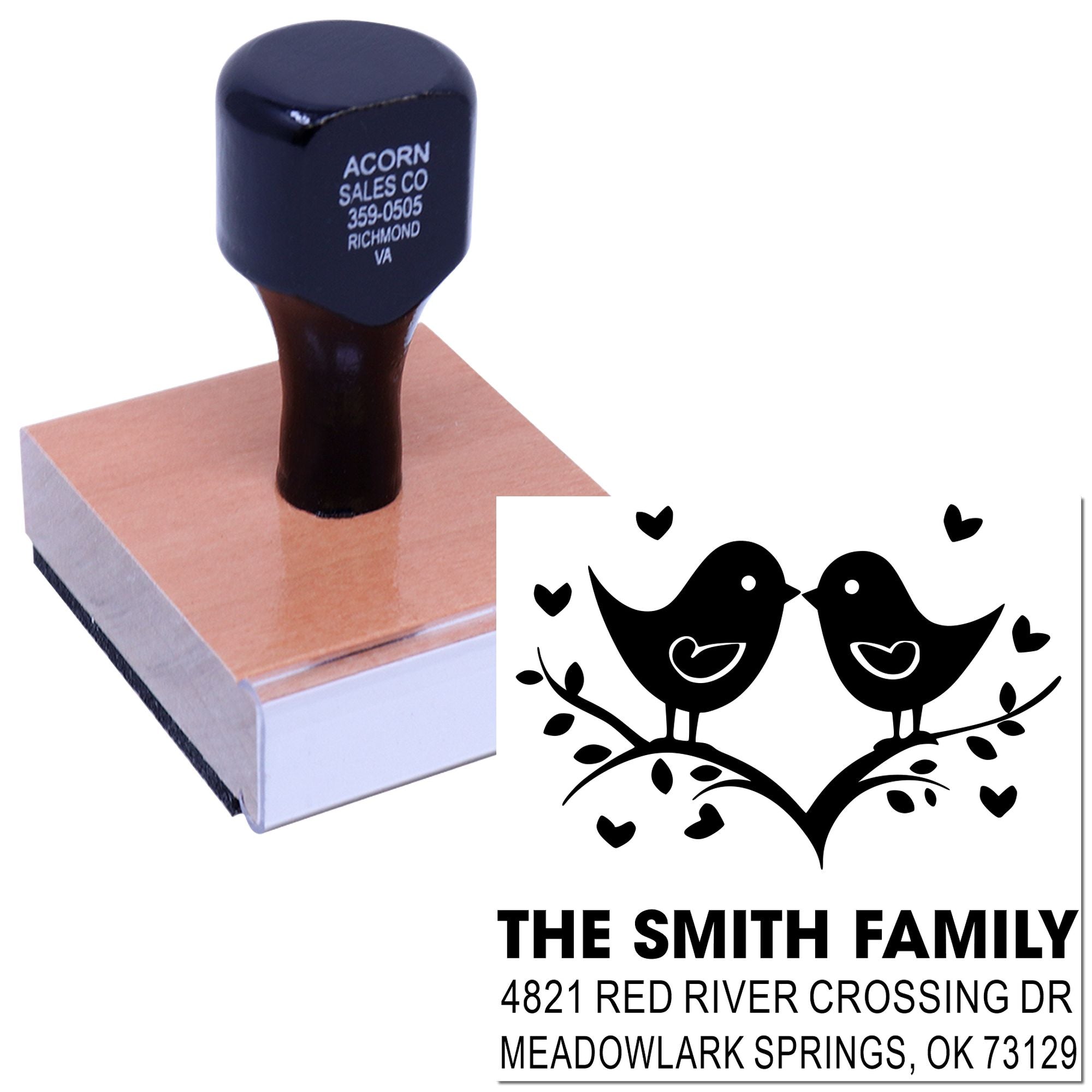 Custom rubber stamp featuring birds and heart design with family name and address, ideal for mailing labels, wedding invites, and stationery.