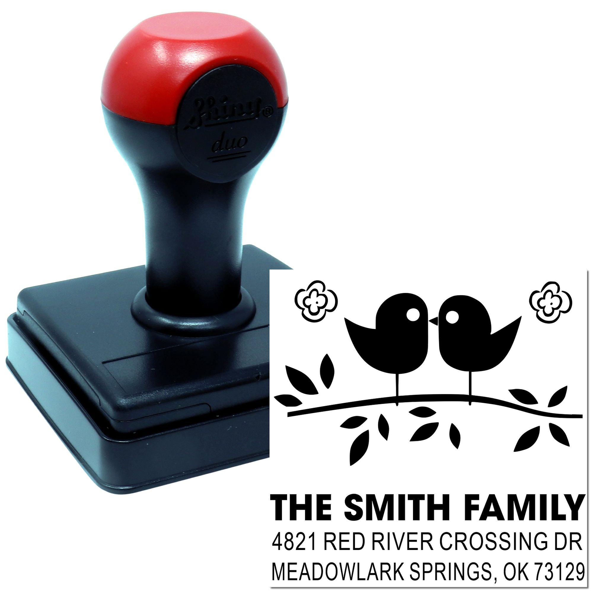 Custom self-inking rubber stamp with bird family address design, black and red handle, ideal for personalized mailing and return address use