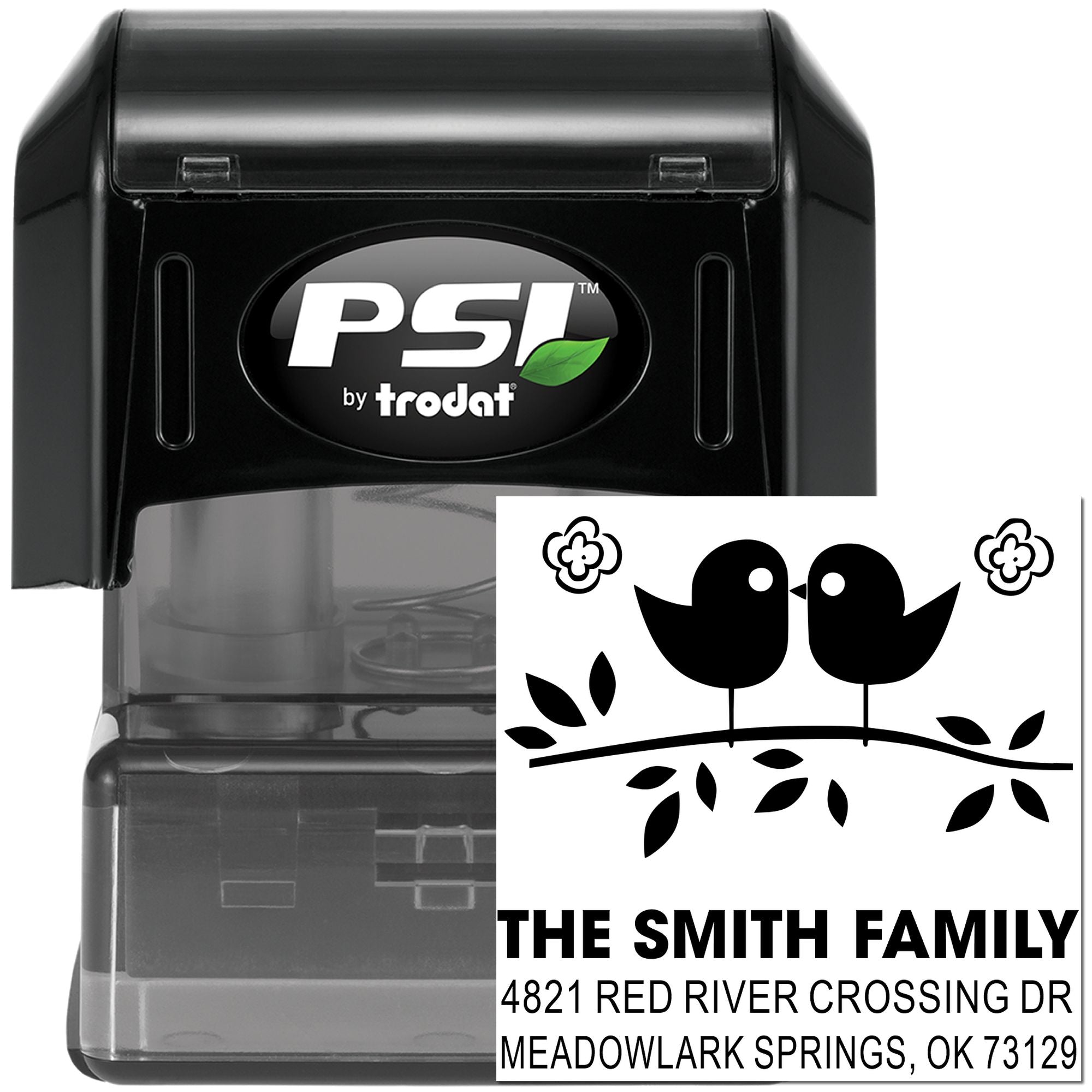 PSI by Trodat self-inking custom address rubber stamp with bird design, personalized family name and mailing address for envelopes and cards