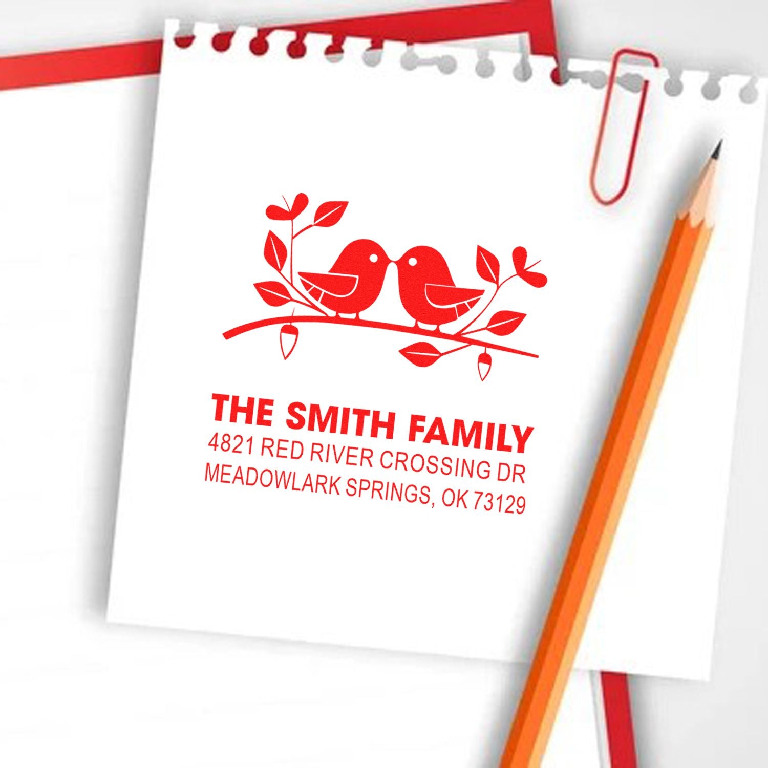 Personalized return address rubber stamp with two birds on a branch, custom family name and address for envelopes, weddings, and stationery