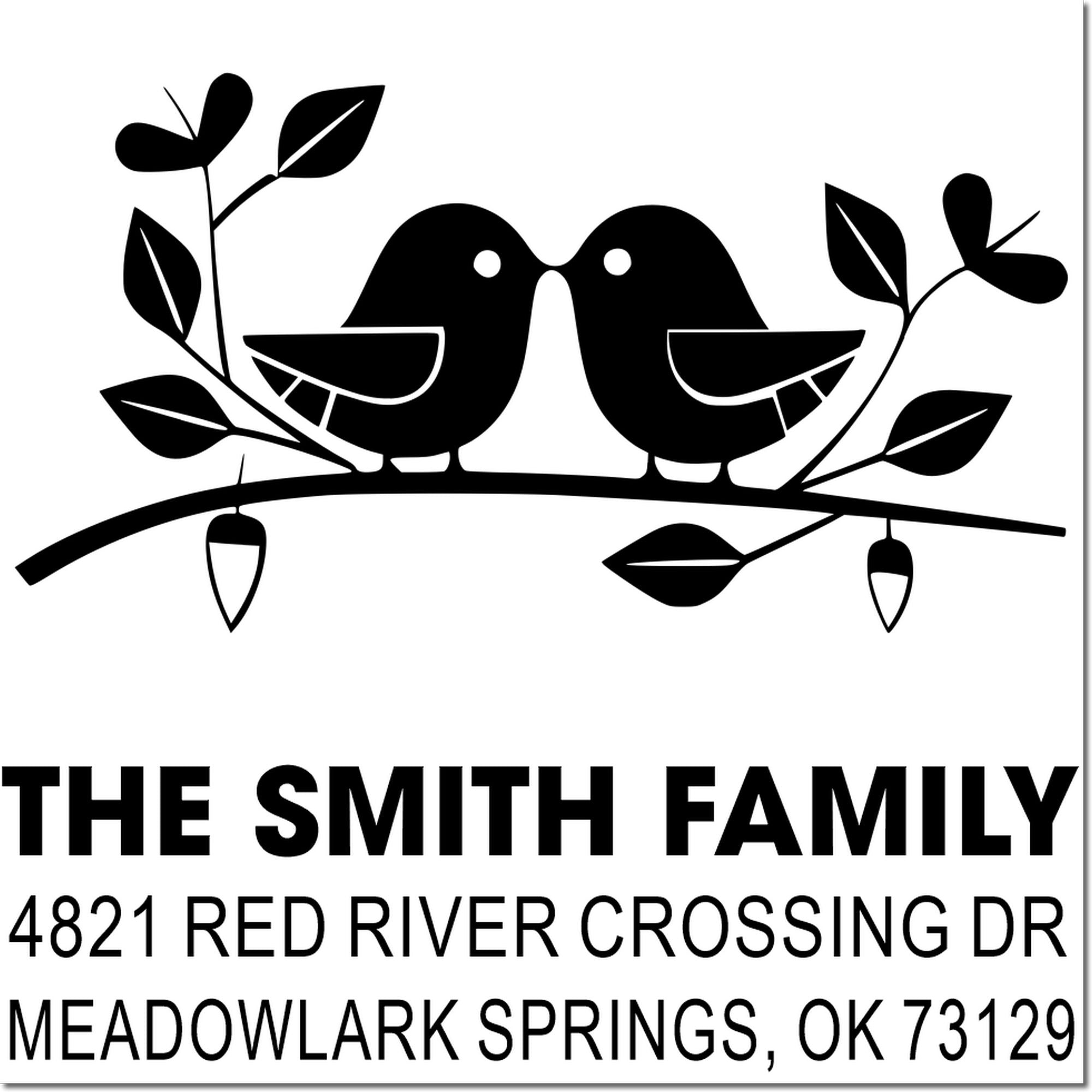 Custom family address rubber stamp with bird and branch design, The Smith Family, Meadowlark Springs OK 73129, personalized return address stamp
