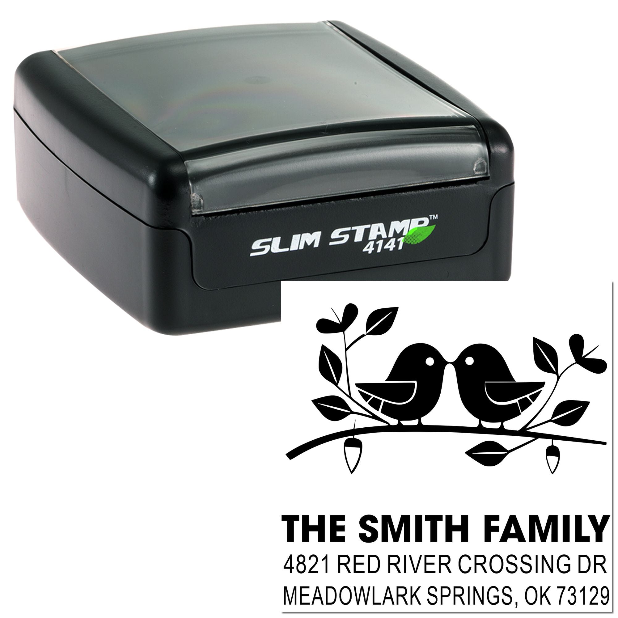 Custom self-inking slim stamp 4141 with birds design and family address imprint for The Smith Family, Meadowlark Springs, OK 73129