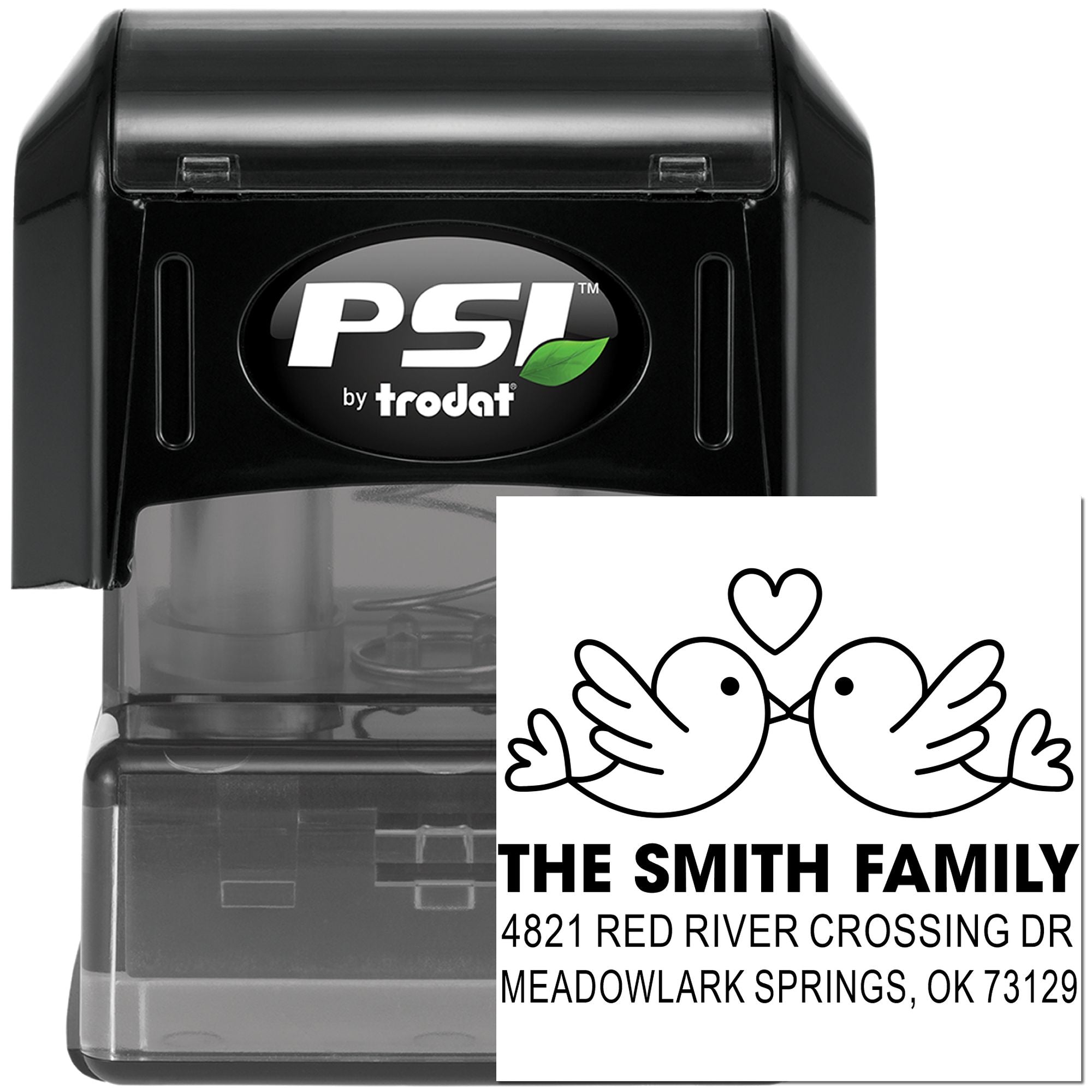 Custom self-inking PSI by Trodat address stamp with birds and hearts, featuring The Smith Family name and Meadowlark Springs, OK address.