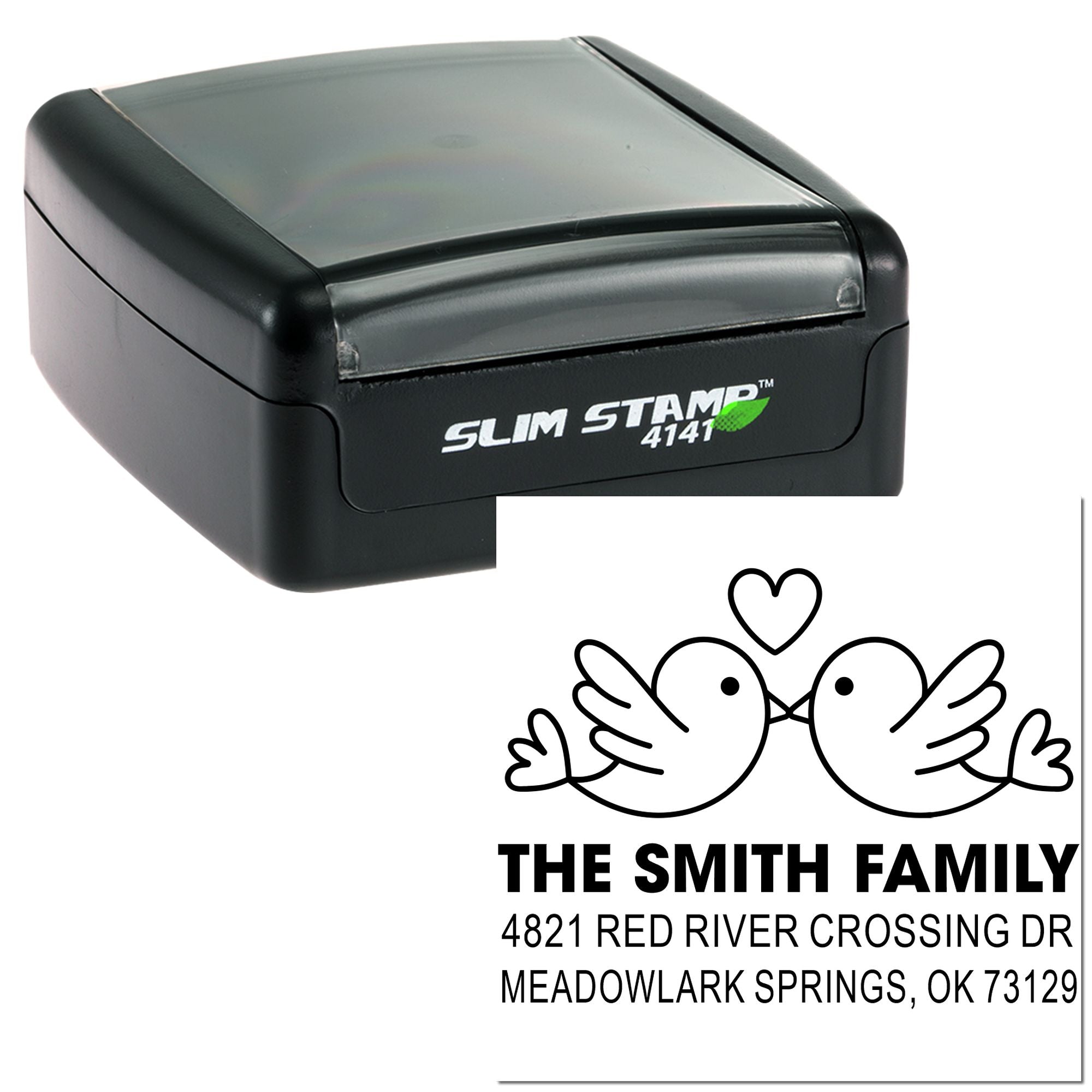 Slim self-inking rubber address stamp with custom family name, bird design, and return mailing address for personalized correspondence.