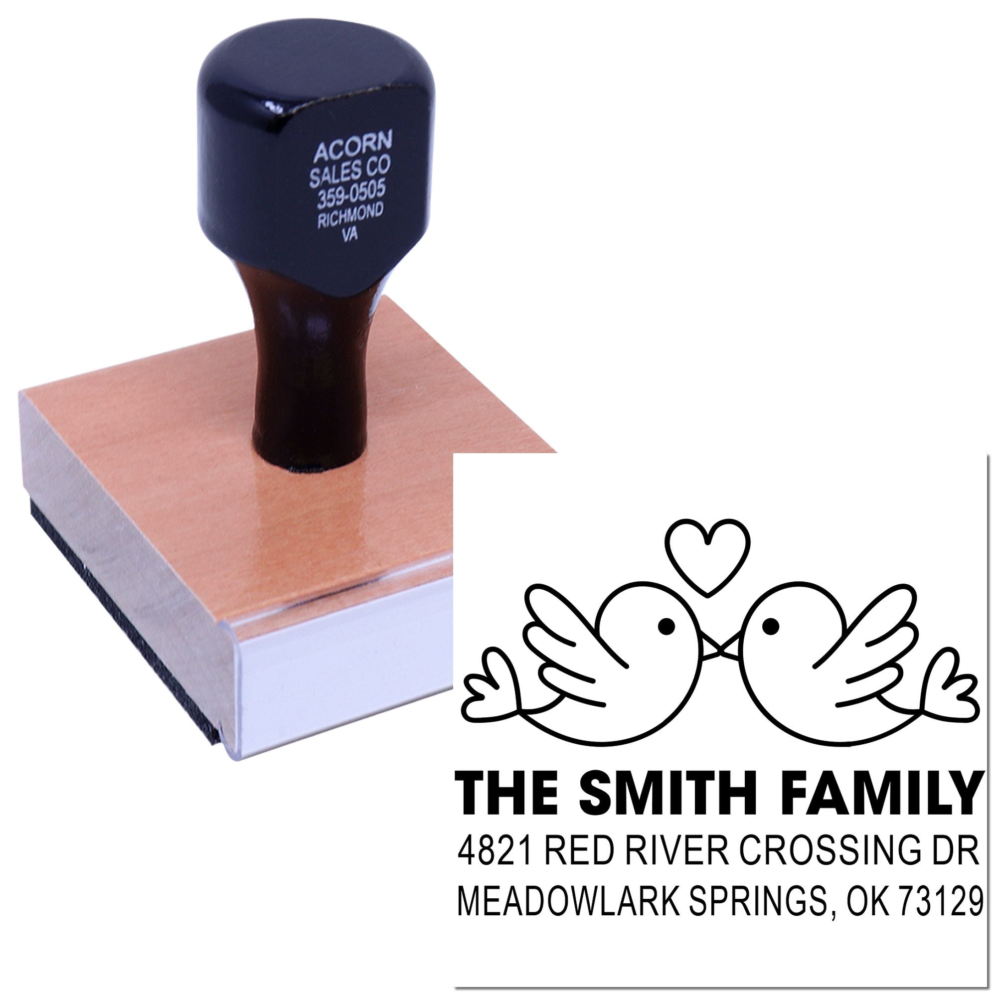 Custom rubber stamp with birds and heart design, personalized family return address stamp with name and address for wedding invitations or home use