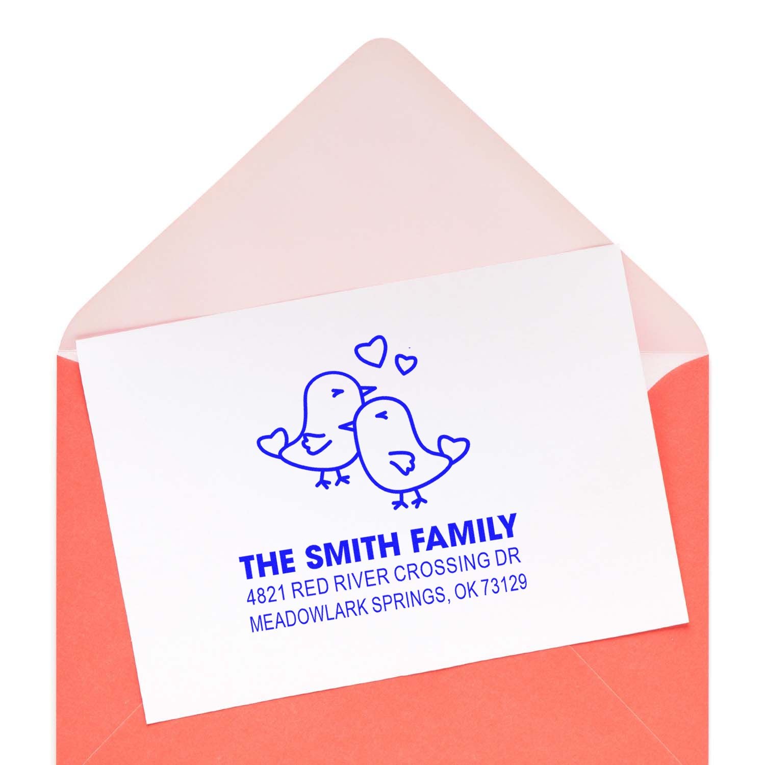 Custom return address rubber stamp with two birds and hearts, personalized family name and mailing address for envelopes and stationery