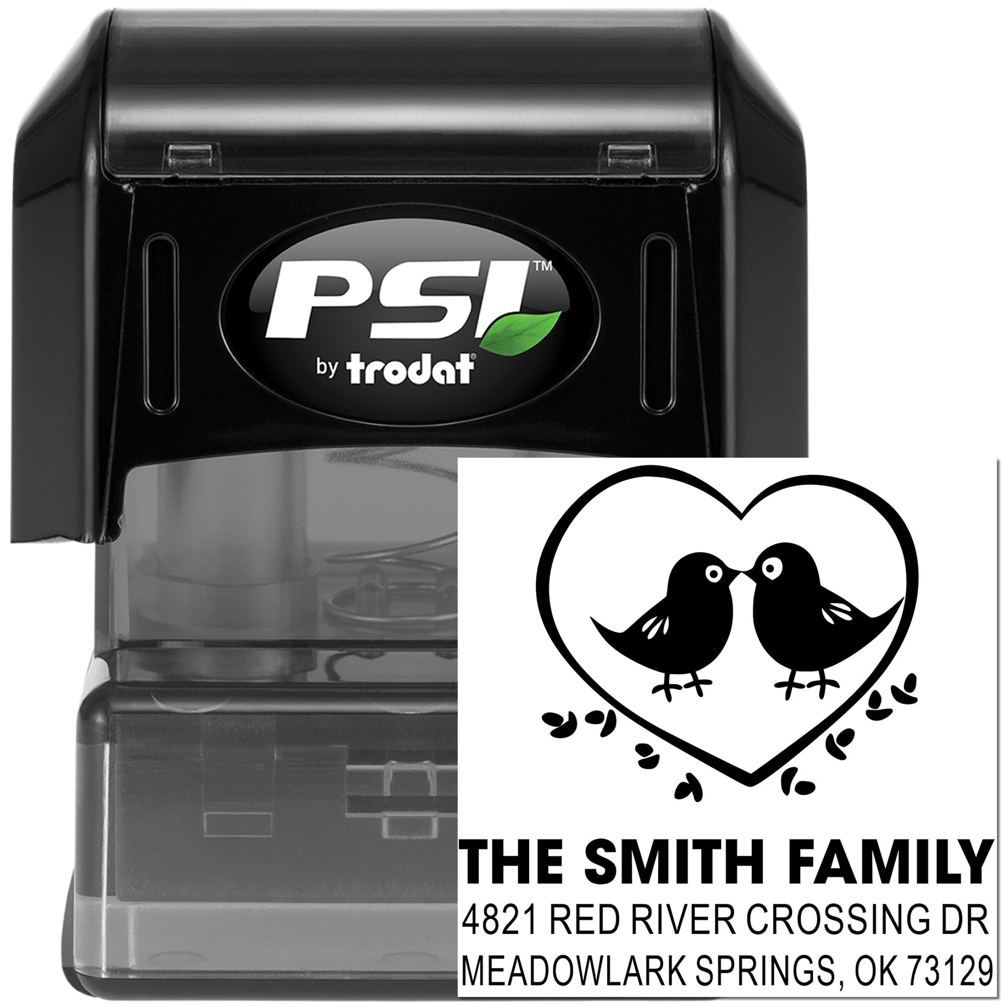 Custom self-inking rubber address stamp with heart birds family return address design, personalized mailing stamp by PSI Trodat for home or office.