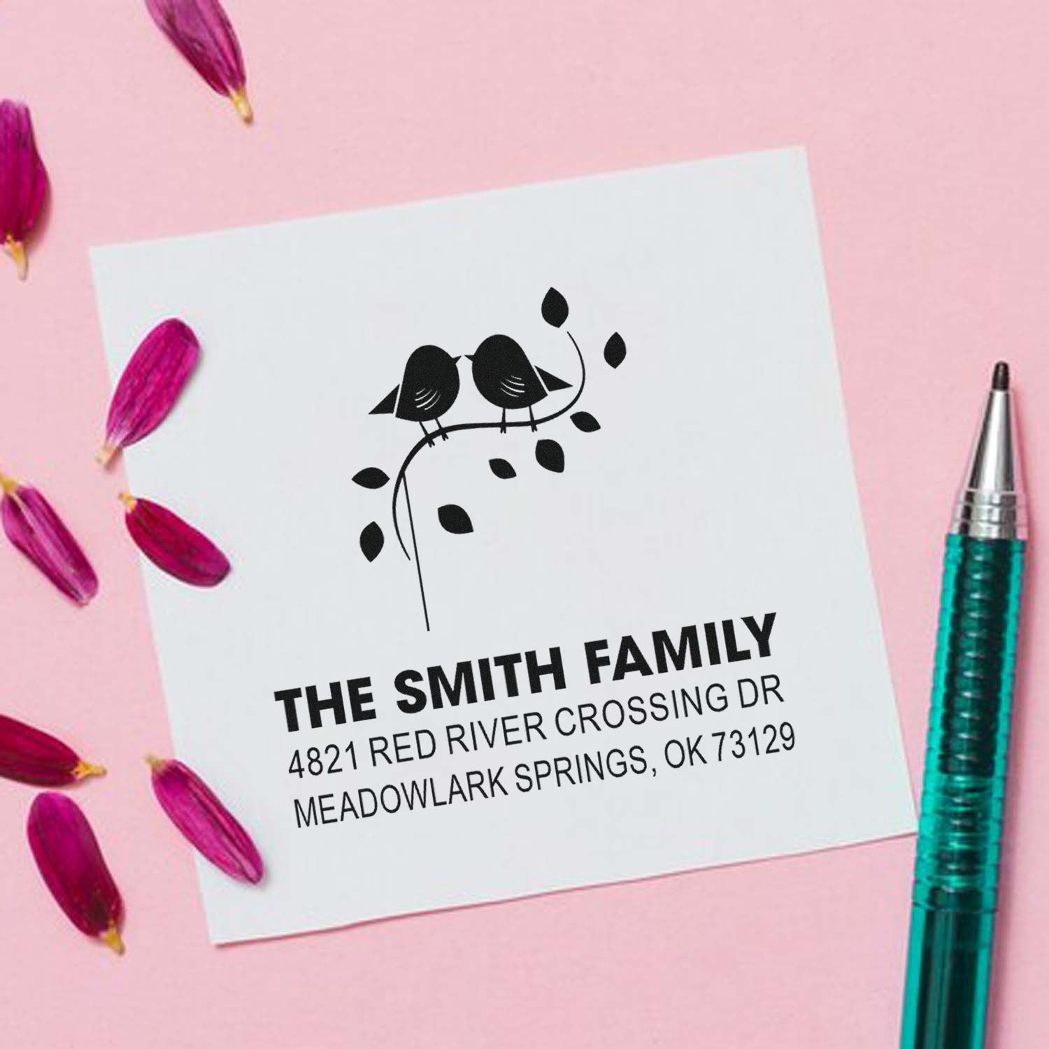 Custom personalized bird return address rubber stamp with The Smith Family name and Meadowlark Springs OK address for stationery and envelopes.