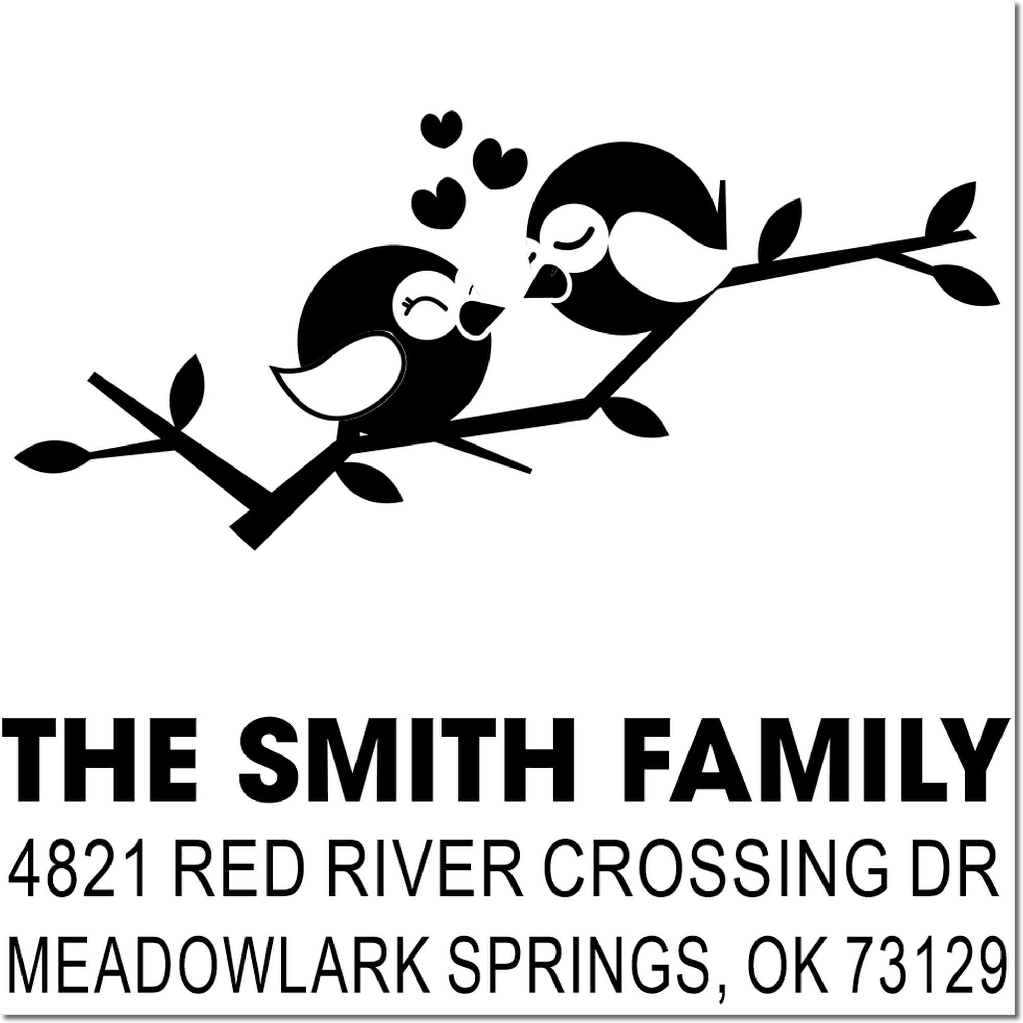 Custom rubber stamp with kissing birds and branch design, personalized with The Smith Family, return address, and Meadowlark Springs, OK 73129.