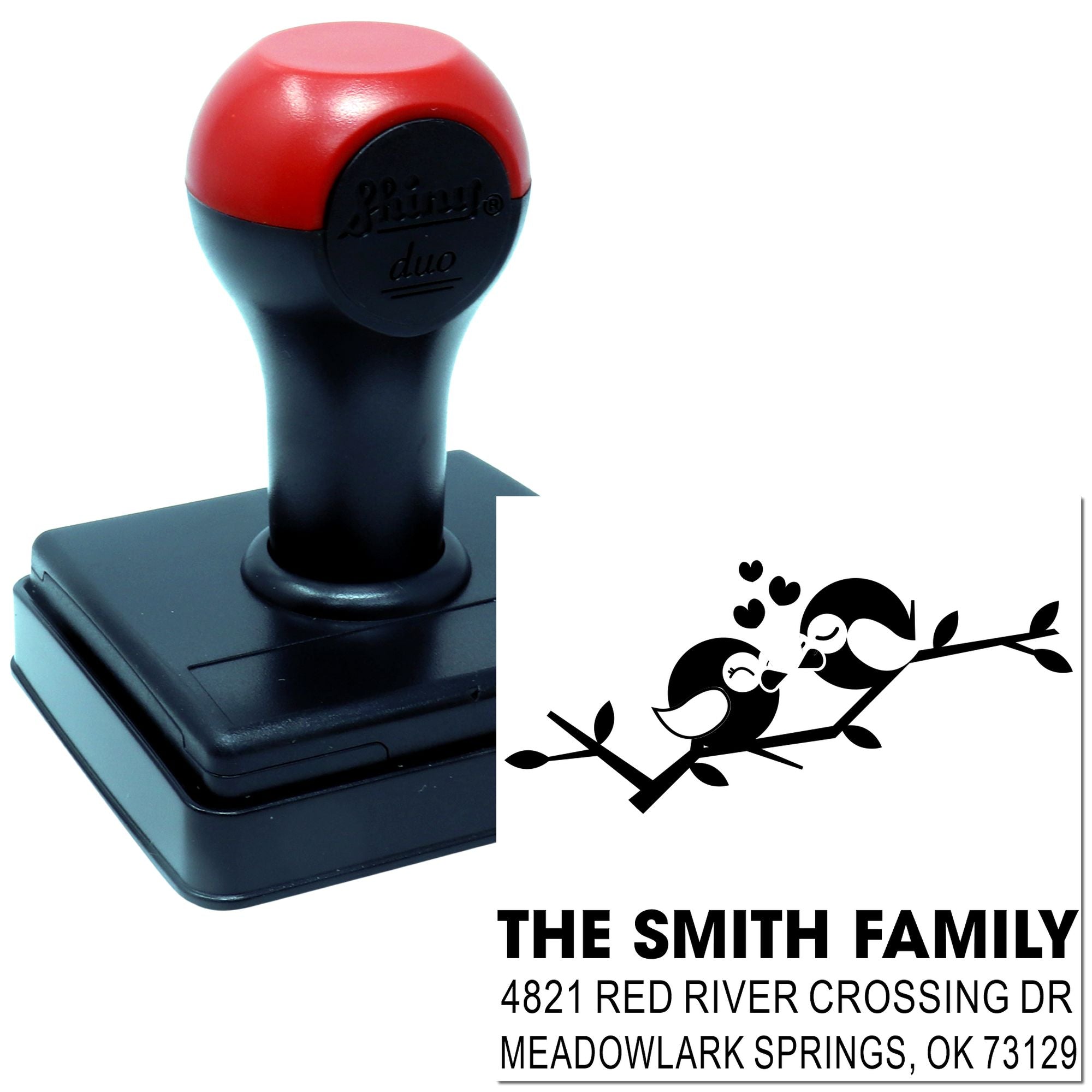 Personalized self-inking rubber address stamp with bird design, The Smith Family name and return address for wedding invitations and home mail.