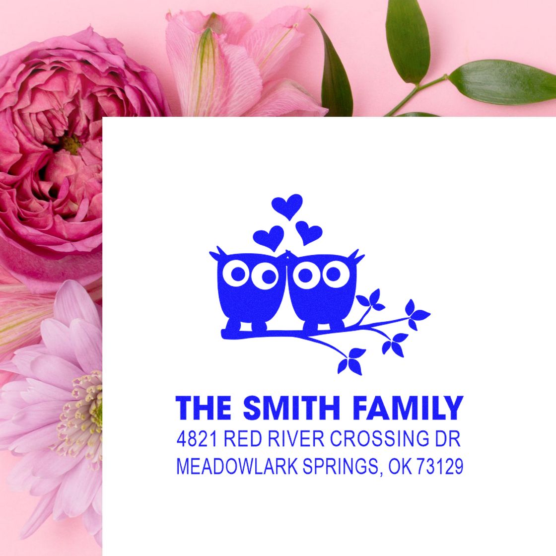 Custom owl address rubber stamp with hearts, featuring The Smith Family and Meadowlark Springs, OK return address in bold blue design for mailing