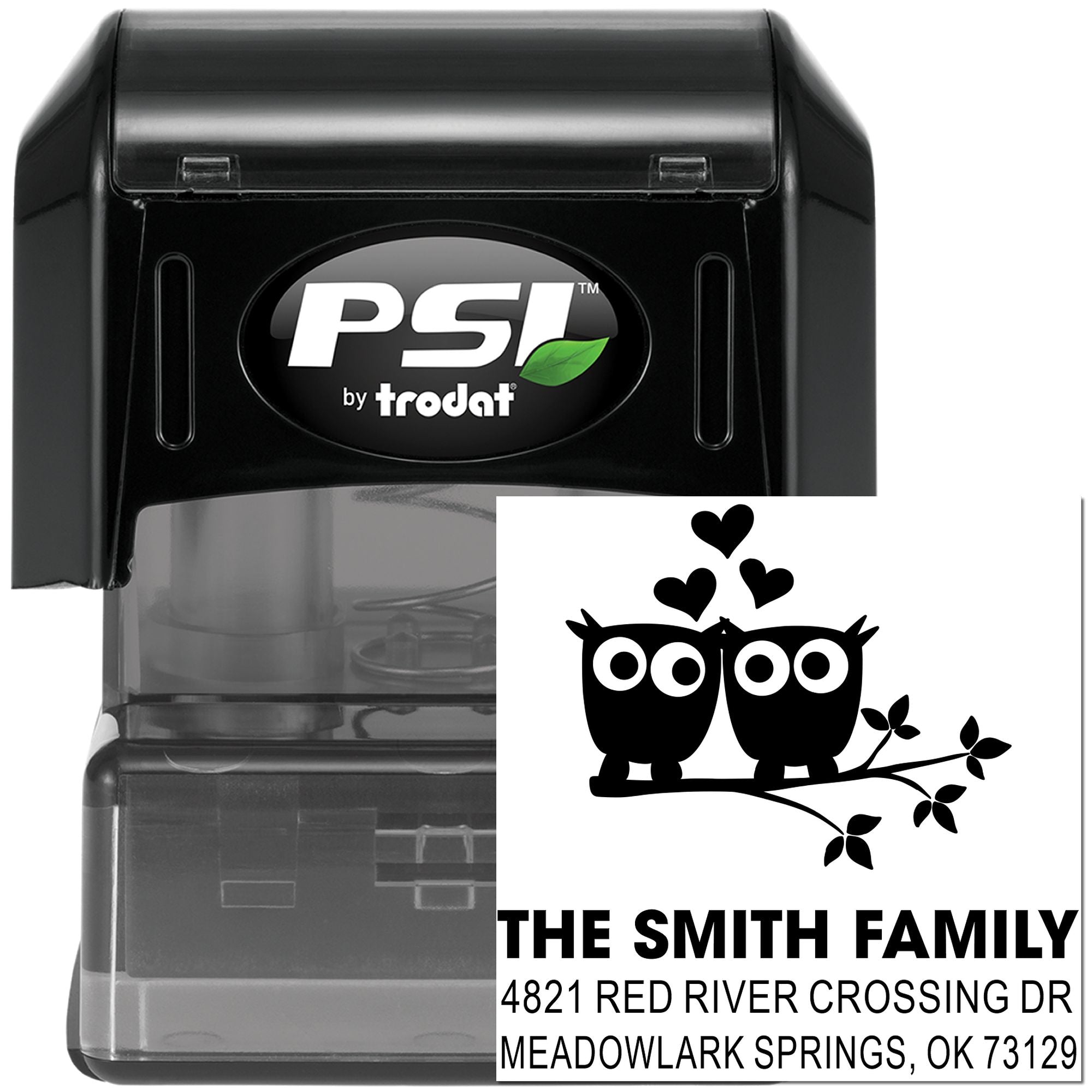 PSI by Trodat self-inking rubber address stamp with owl family design, custom return address for The Smith Family, Meadowlark Springs, OK