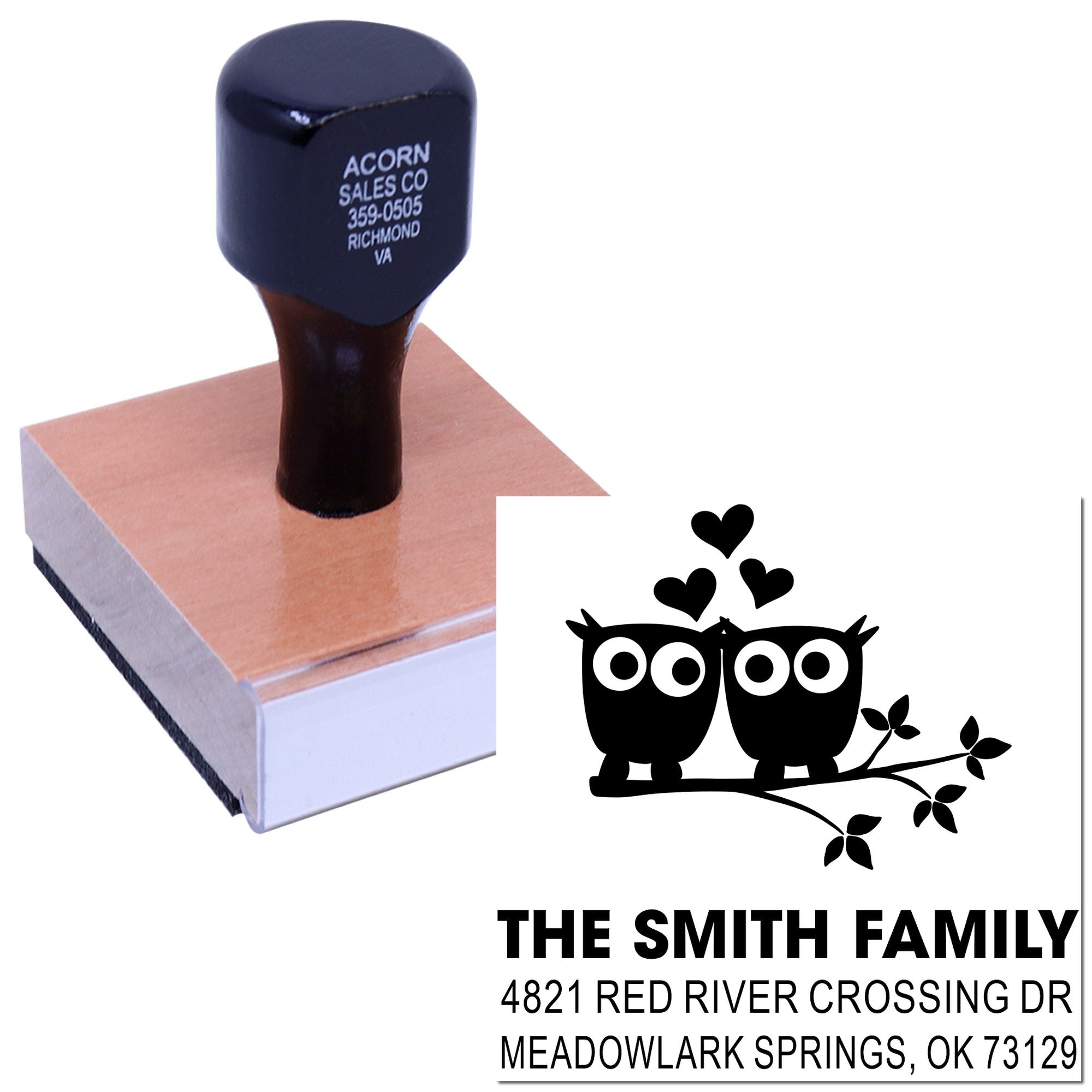 Custom self-inking rubber stamp with personalized owl family address design, ideal for return addresses, stationery, mail, and home labeling