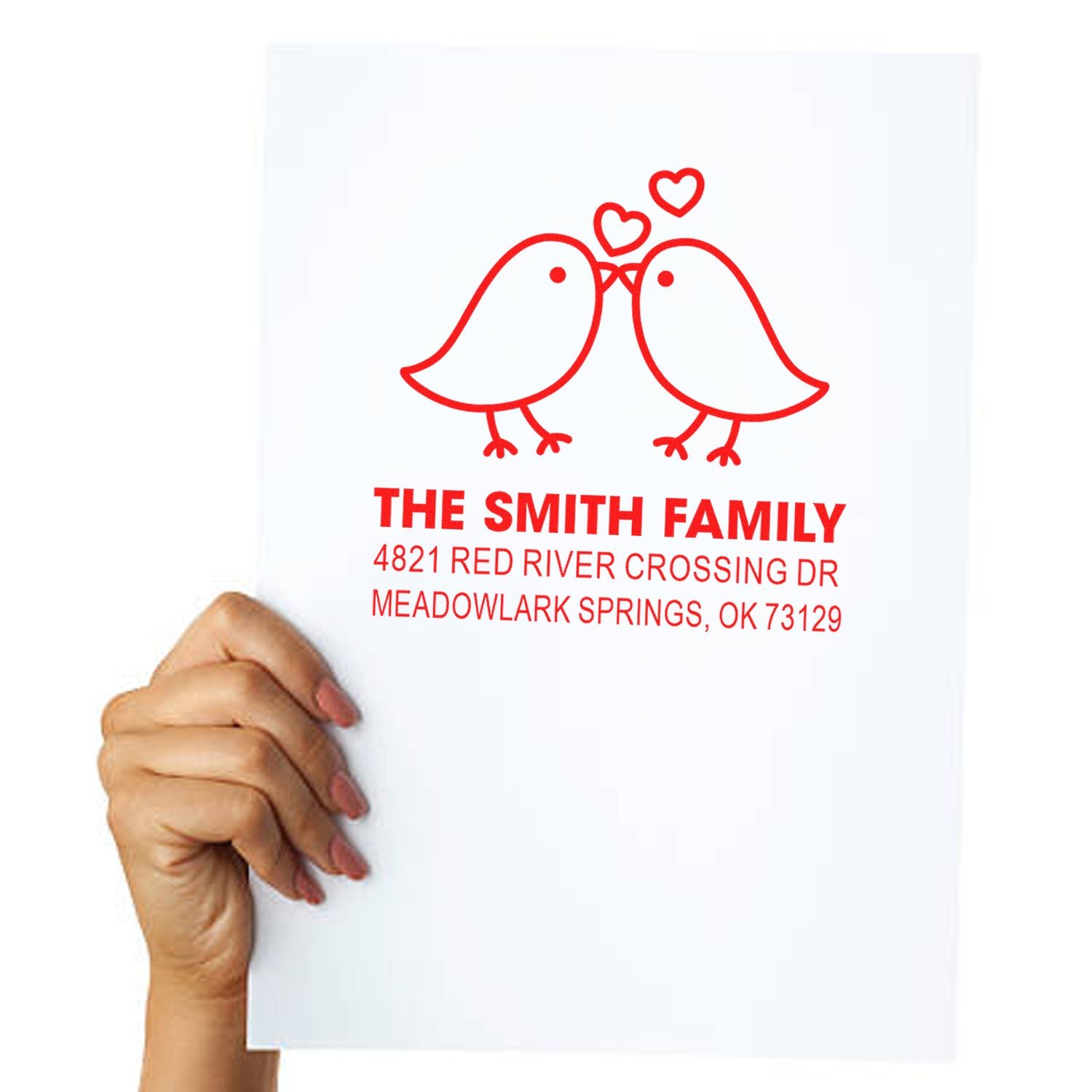 Custom rubber stamp with two birds and hearts, personalized family name and address, ideal for wedding stationery, envelopes, and home mailers