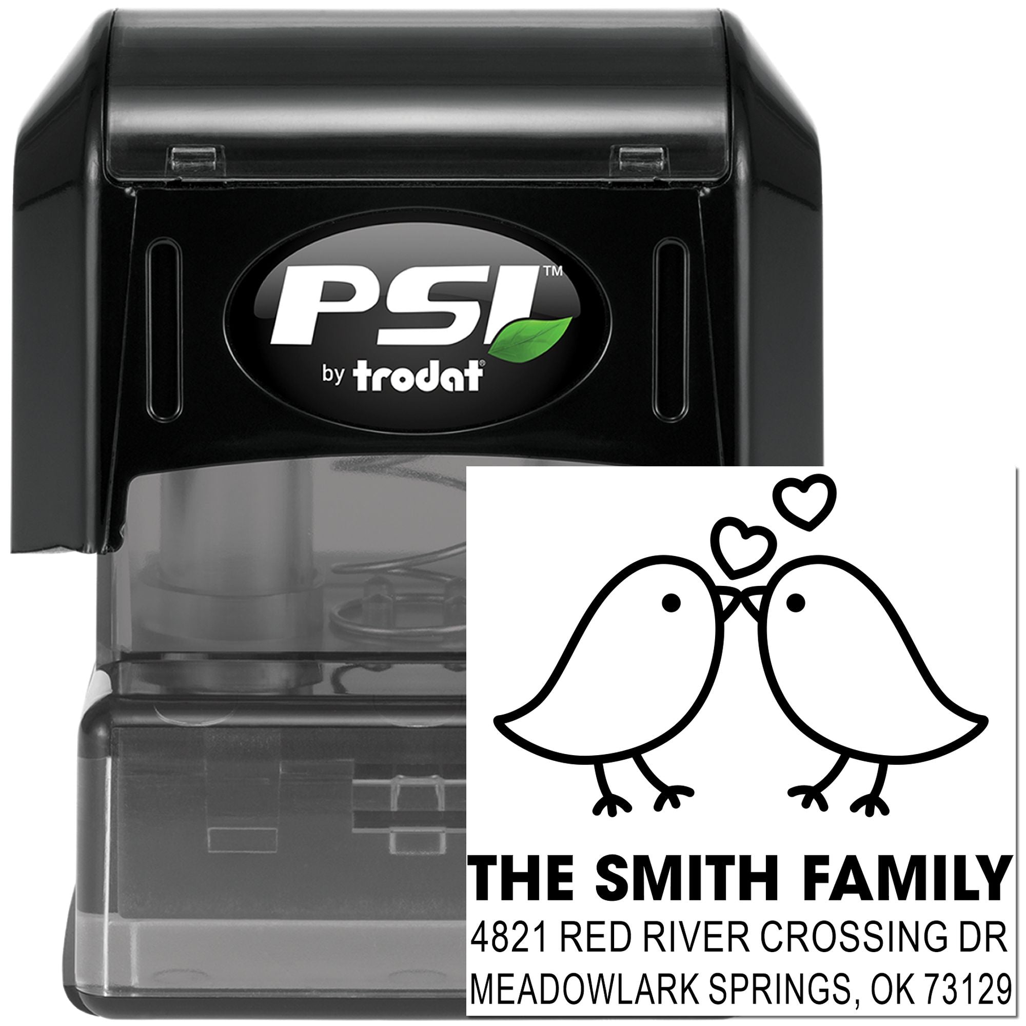 PSI by Trodat custom self-inking rubber stamp with two birds and heart design, personalized family name and address for wedding invitations and mail
