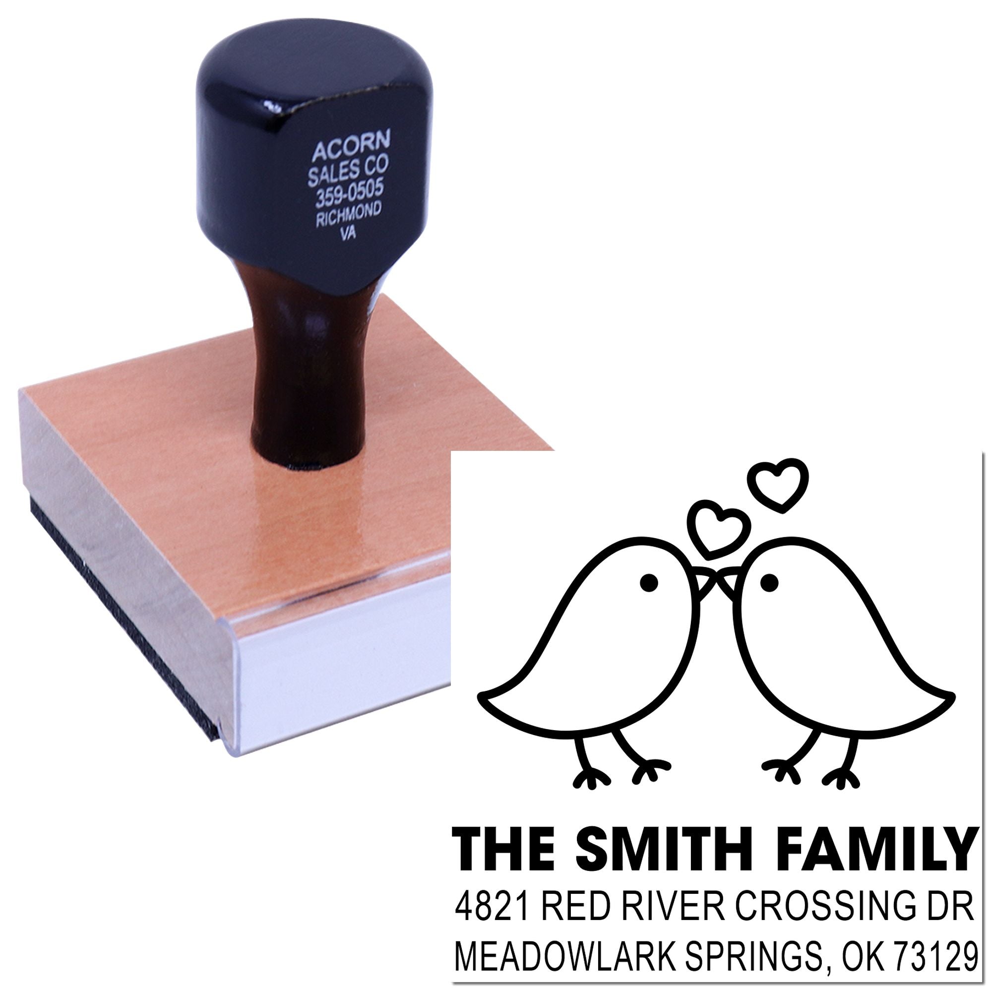 Personalized rubber address stamp with twin birds and hearts design, custom family name, street address, city, state, and ZIP code imprint