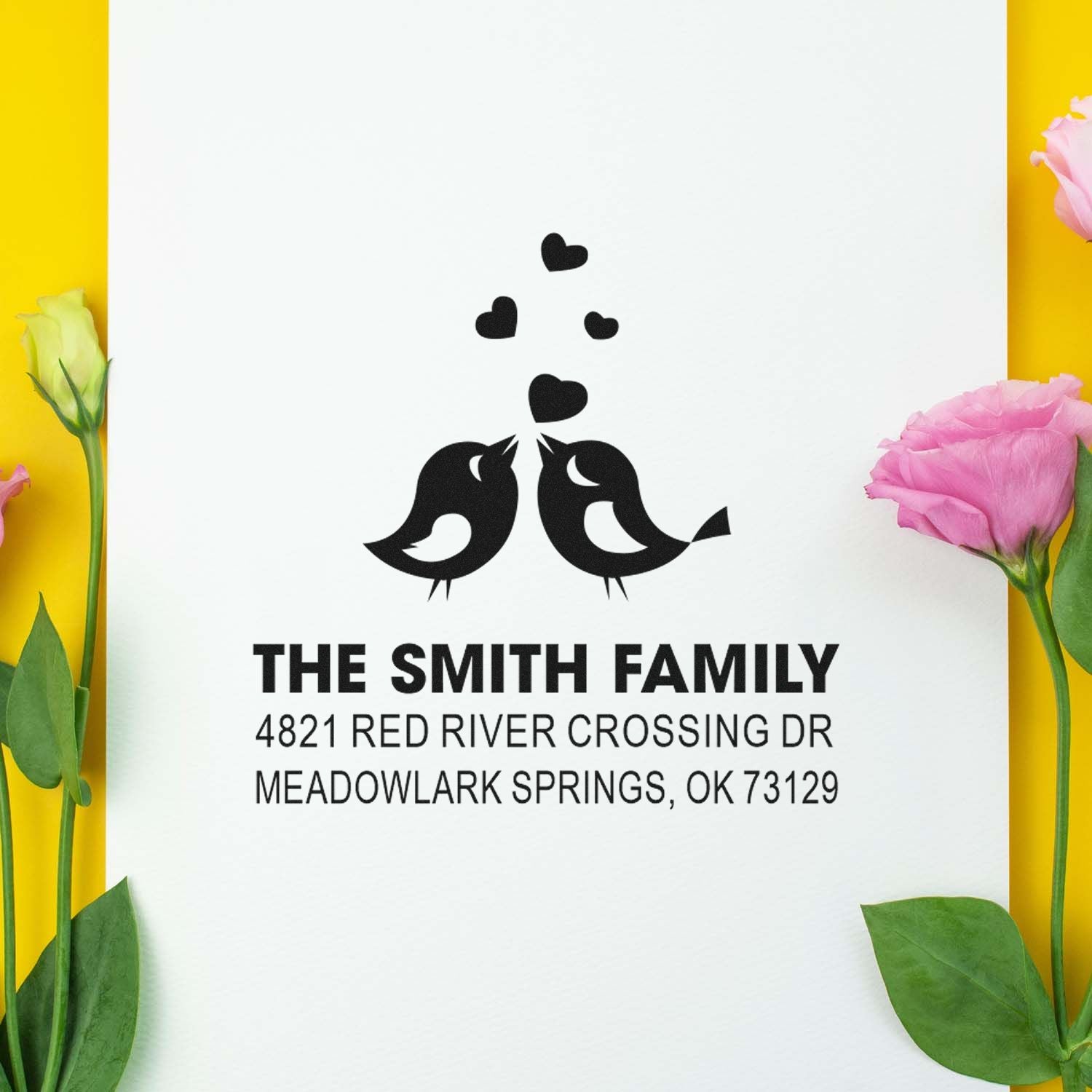 Custom family address rubber stamp with two birds and hearts, personalized The Smith Family name and return address for wedding or mail use