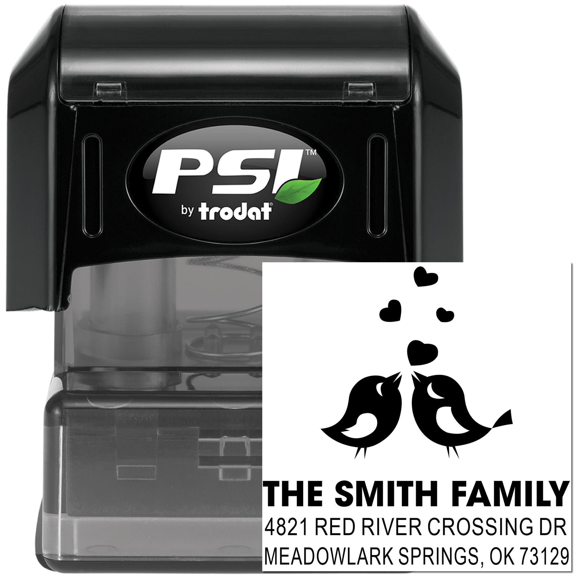 PSI by Trodat self-inking rubber address stamp with custom bird and heart design, personalized return address stamp for The Smith Family home mailing.