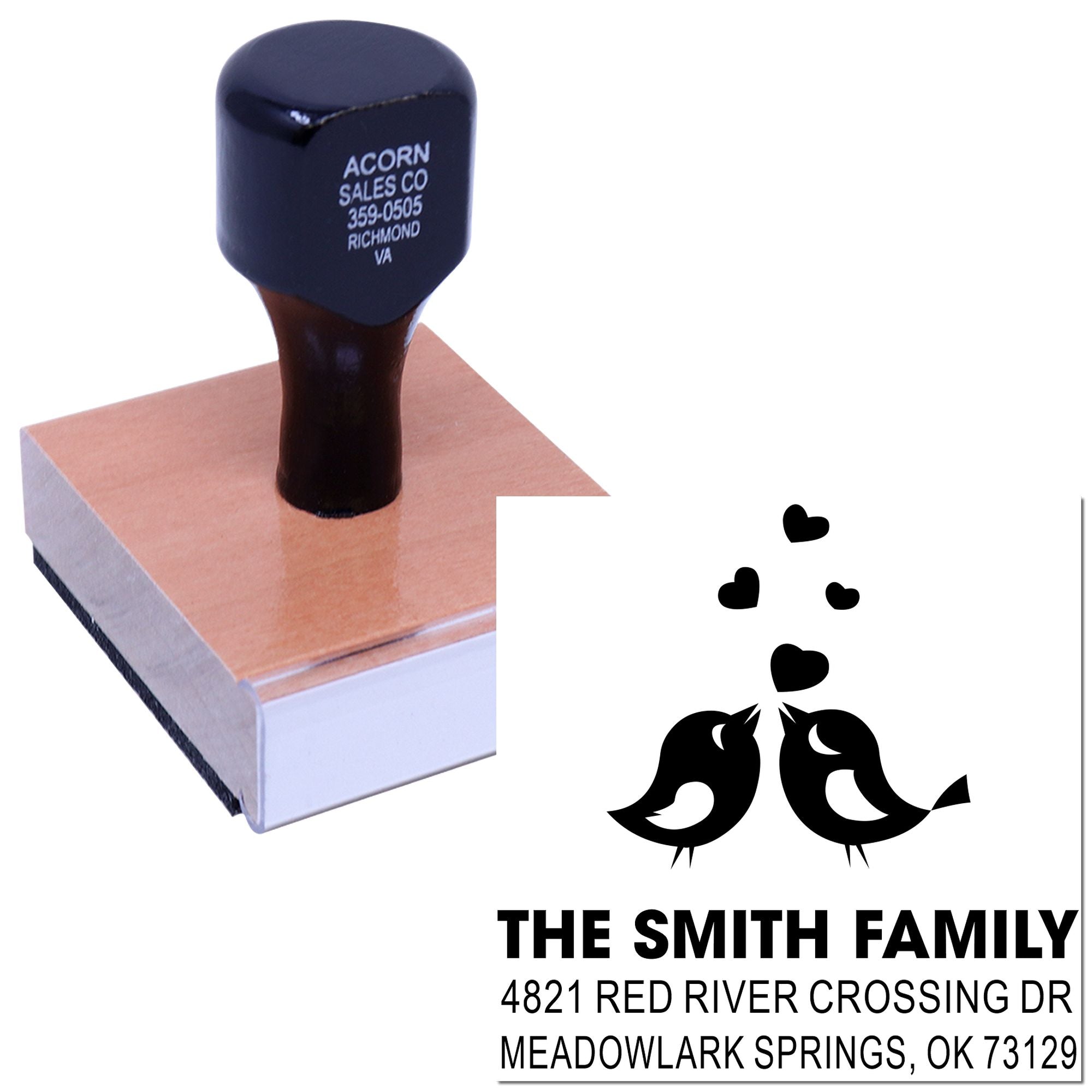 Custom rubber stamp with birds and hearts, personalized family address design for wedding invitations, stationery, and return mailing use