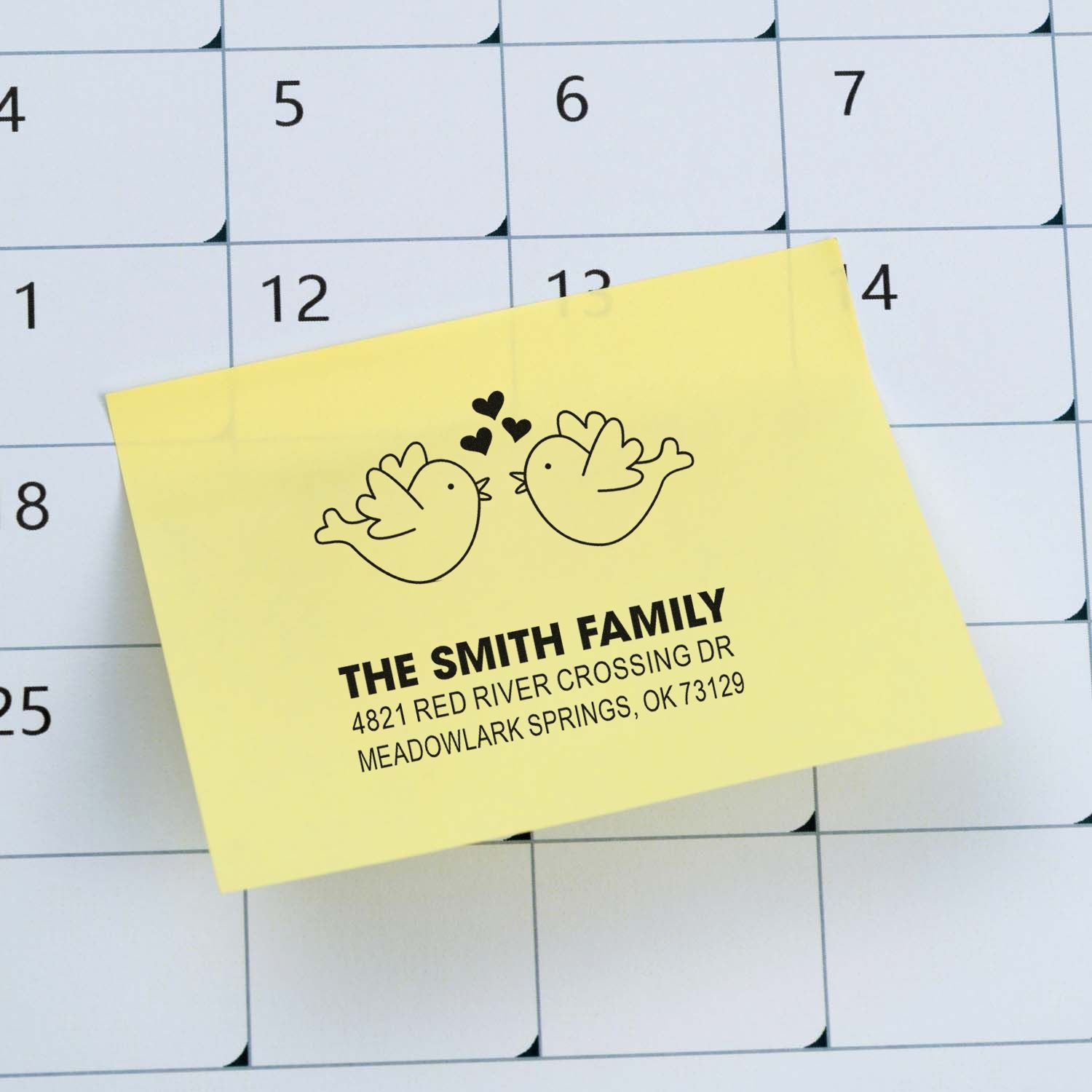 Custom return address rubber stamp with bird and heart motif, displaying The Smith Family name and address for mailing labels, stationery, and gifts.