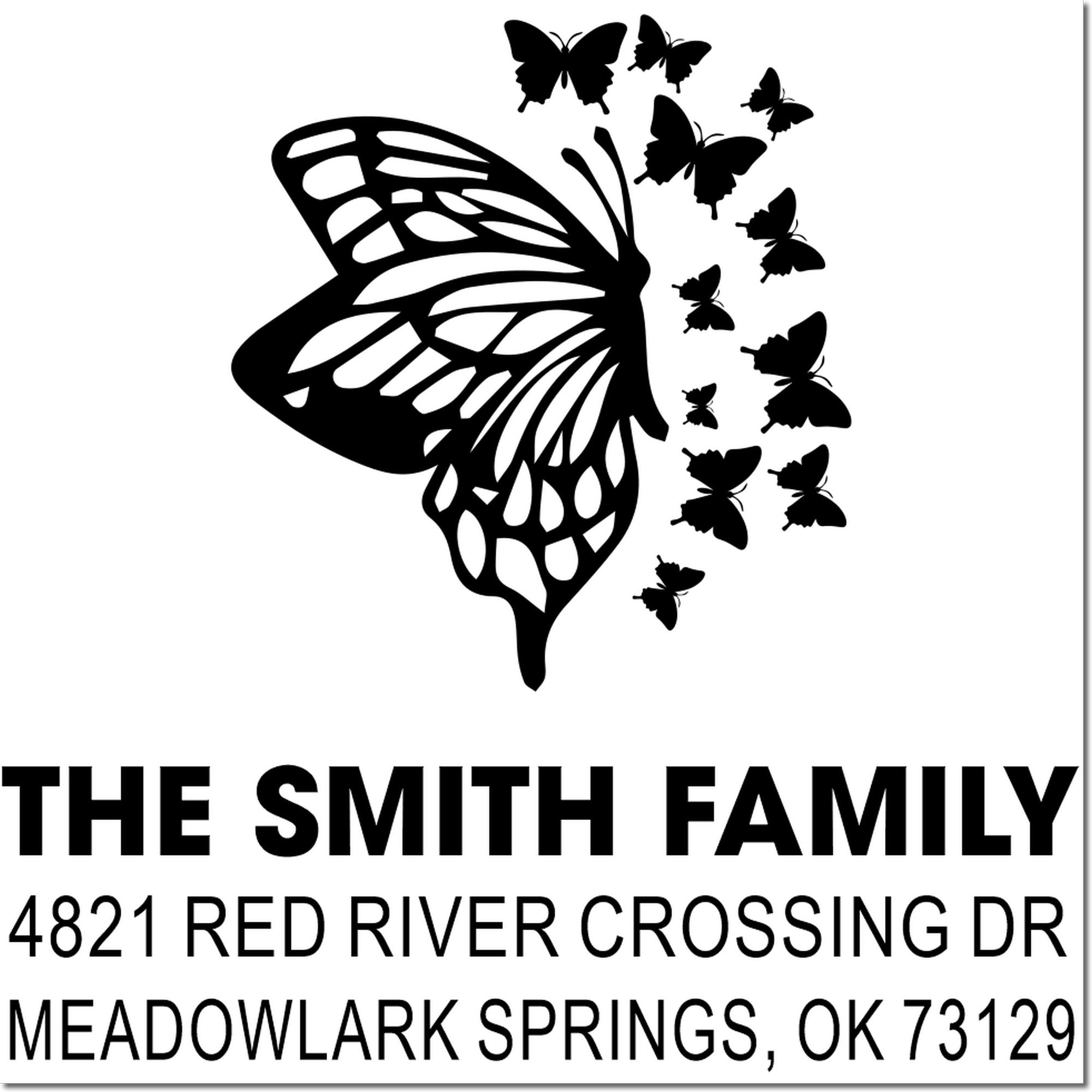 Personalized butterfly family return address rubber stamp with Smith Family name, 4821 Red River Crossing Dr, Meadowlark Springs, OK 73129