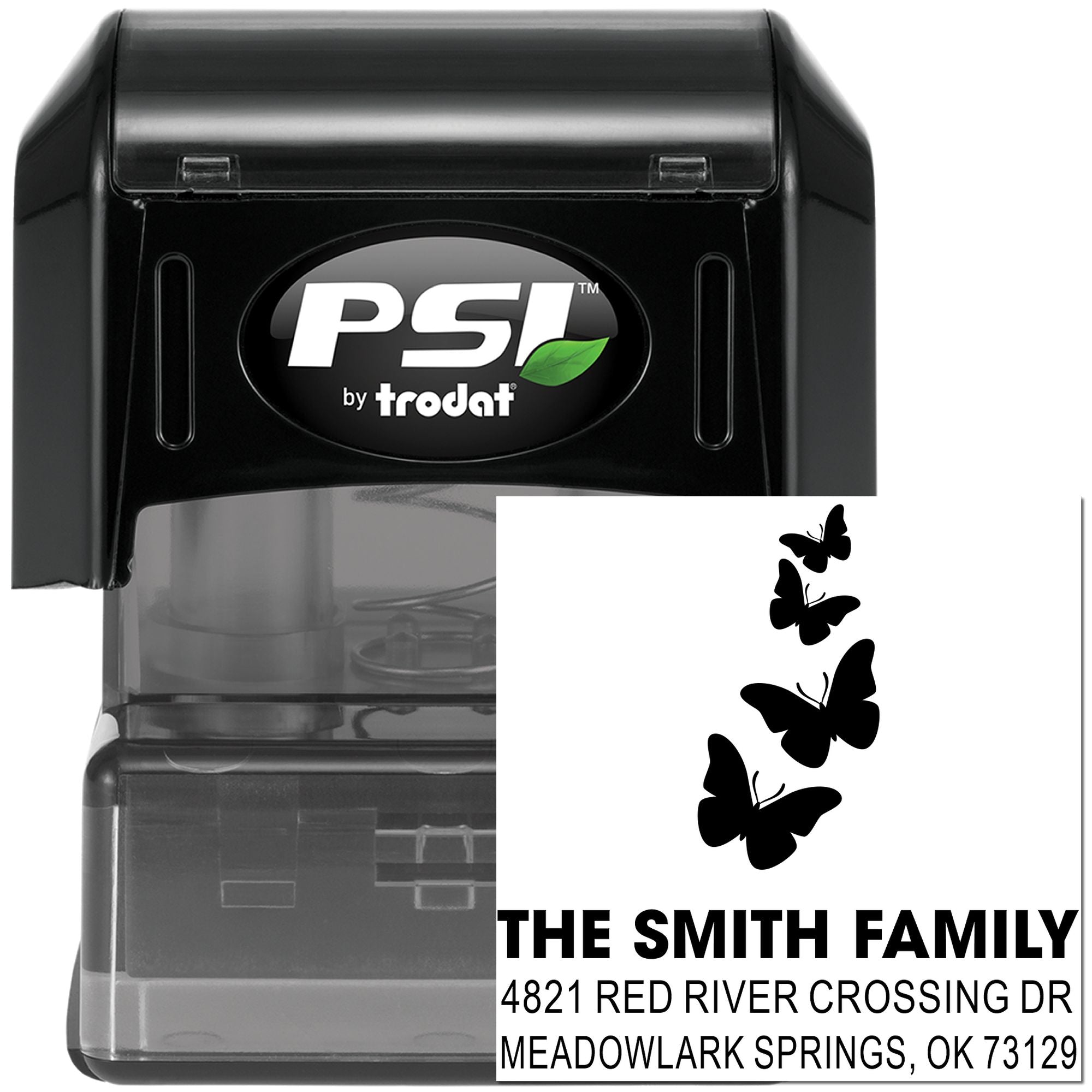 PSI by Trodat self-inking rubber stamp with custom butterfly family address, perfect for personalized return address and mailing use at home or business.