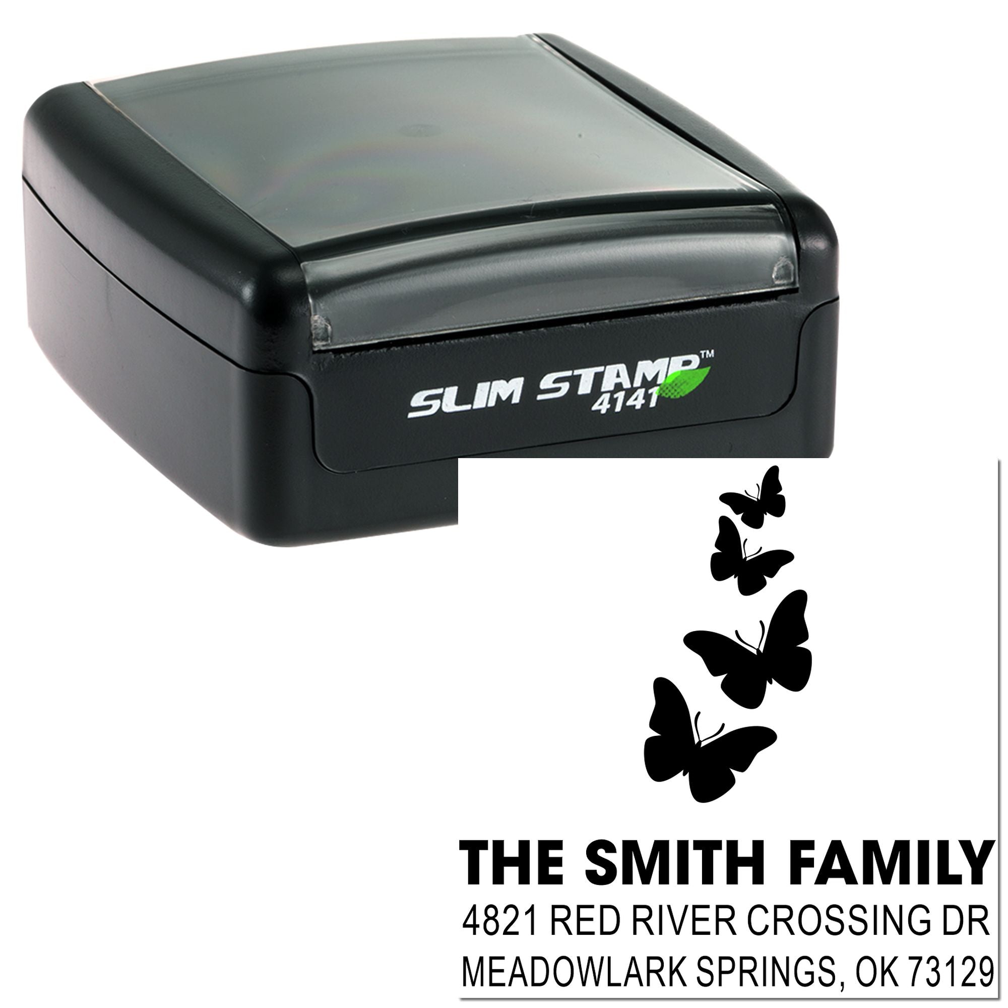 Custom Slim Stamp 4141 rubber address stamp with butterflies and The Smith Family return address, 4821 Red River Crossing Dr, Meadowlark Springs, OK 73129